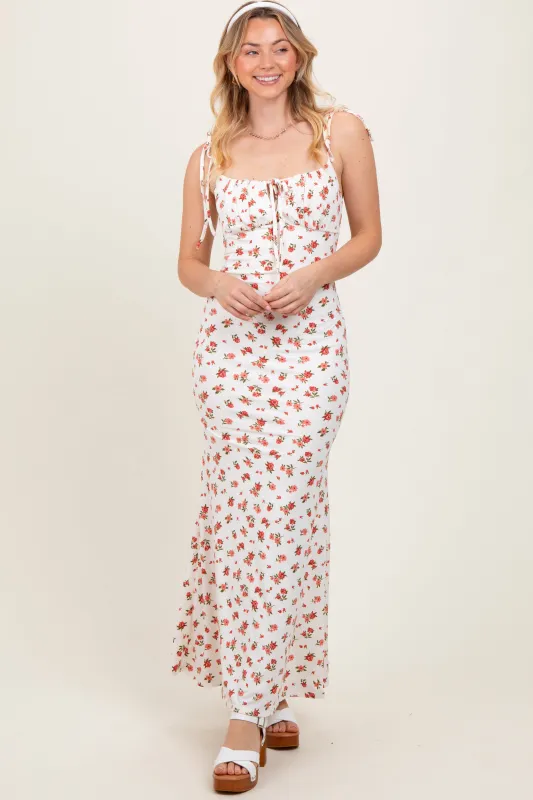 Red Ribbed Floral Shoulder Tie Maxi Dress sold by Pinkblush