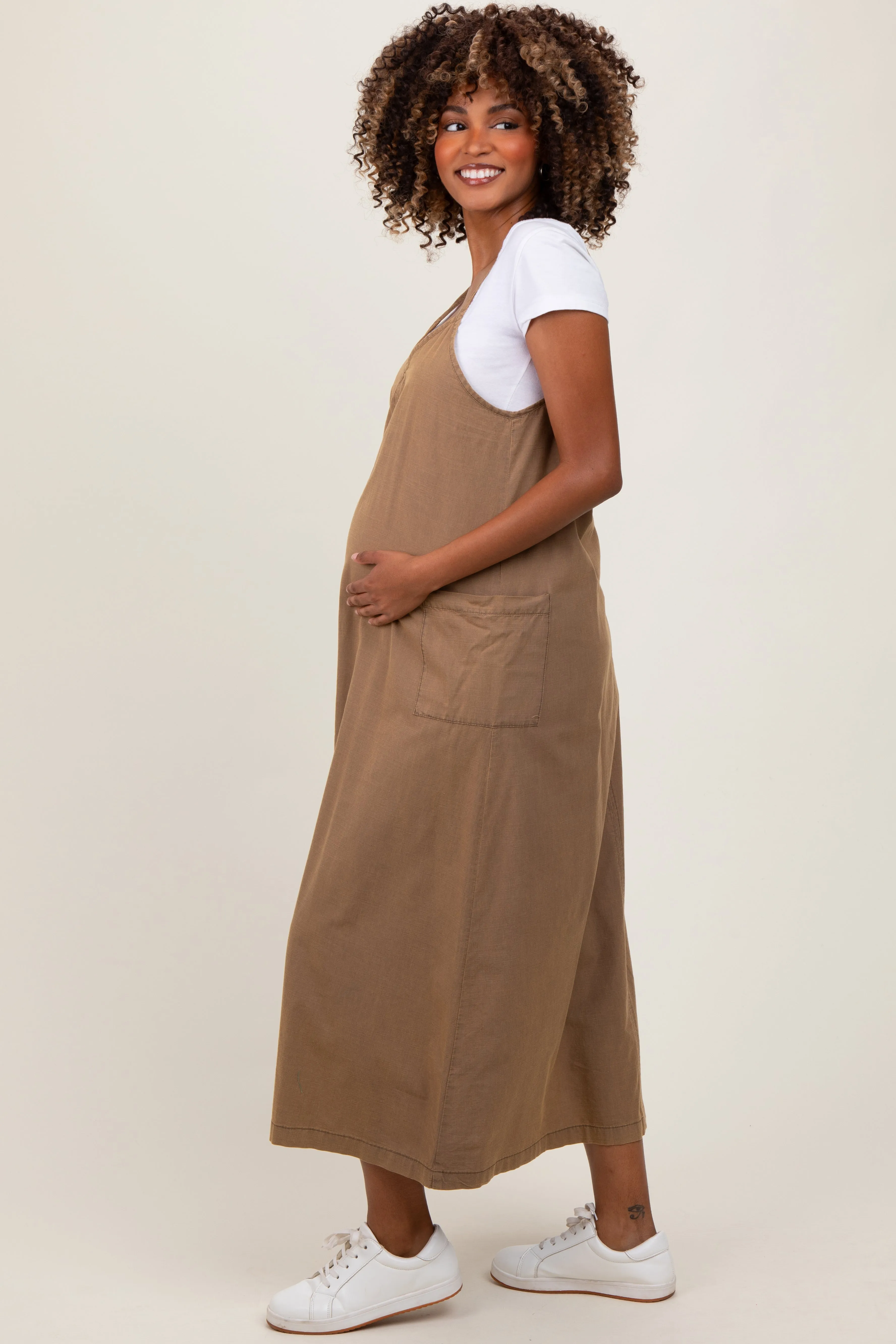 Olive V-Neck Overall Maternity Midi Dress sold by Pinkblush product image thumbnail 2