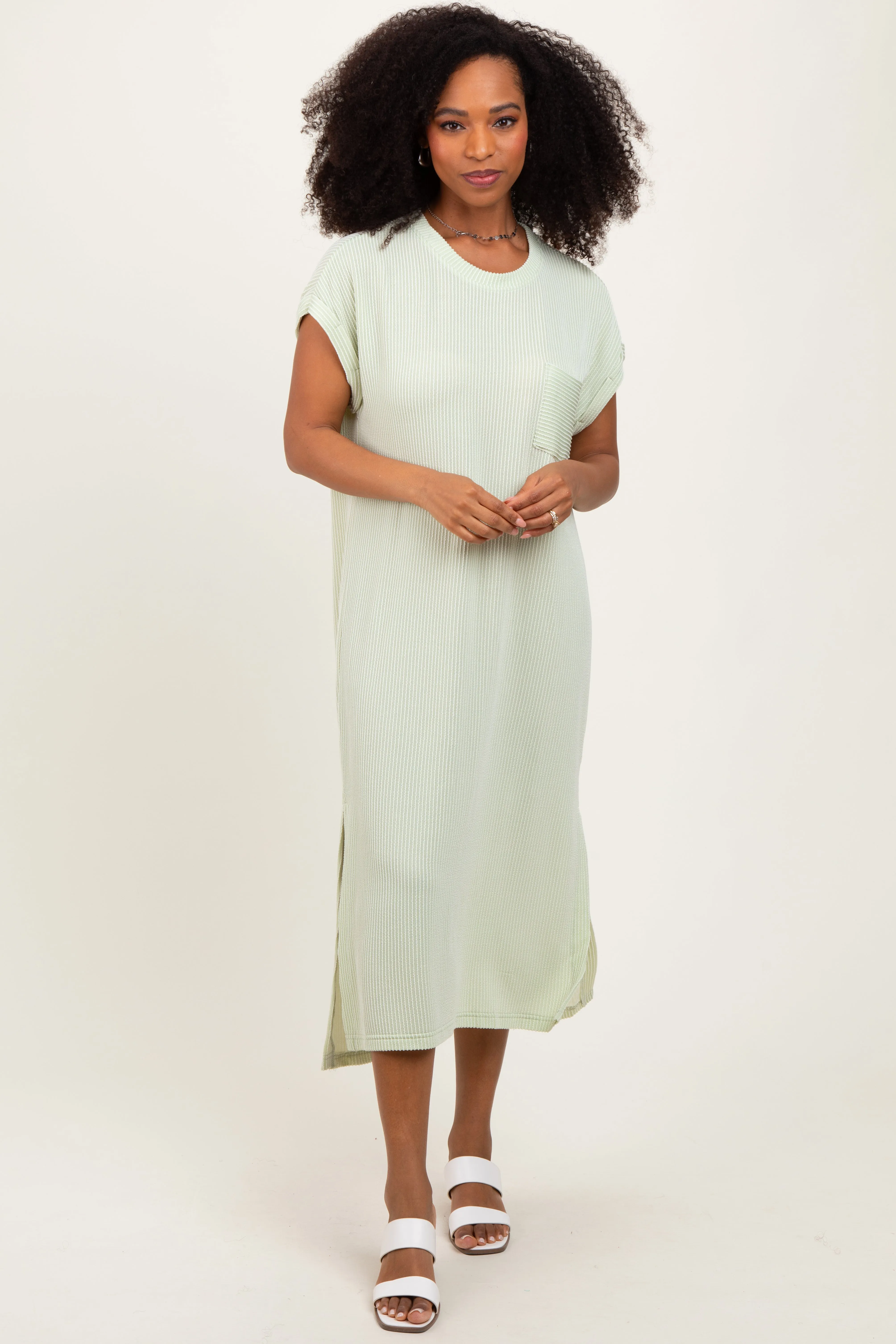 Light Olive Ribbed Short Sleeve Front Pocket Maternity Midi Dress sold by Pinkblush product image thumbnail 4