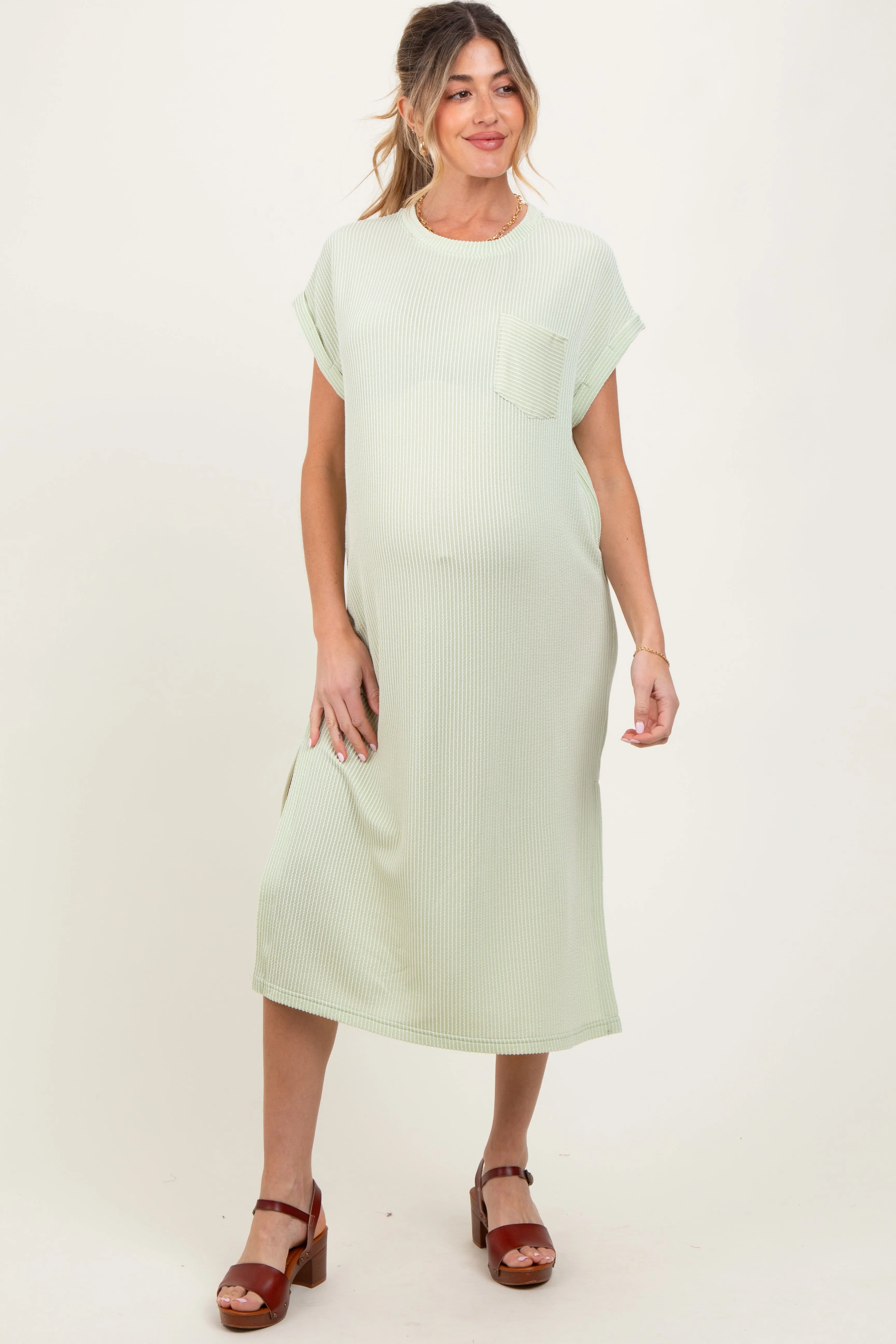 Light Olive Ribbed Short Sleeve Front Pocket Maternity Midi Dress sold by Pinkblush