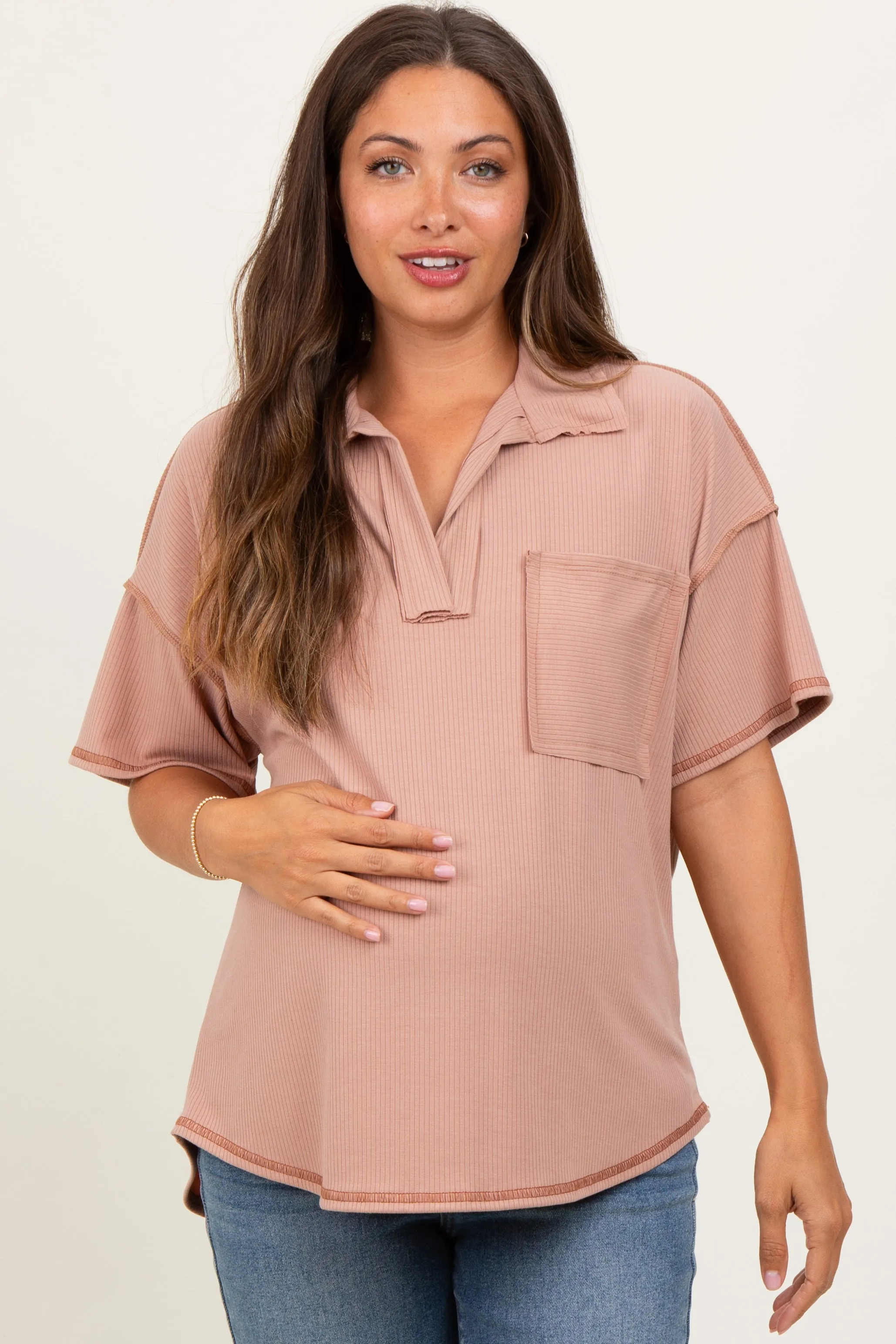 Beige Solid Ribbed Collar V-Neck Maternity Tunic Top sold by Pinkblush product image thumbnail 2