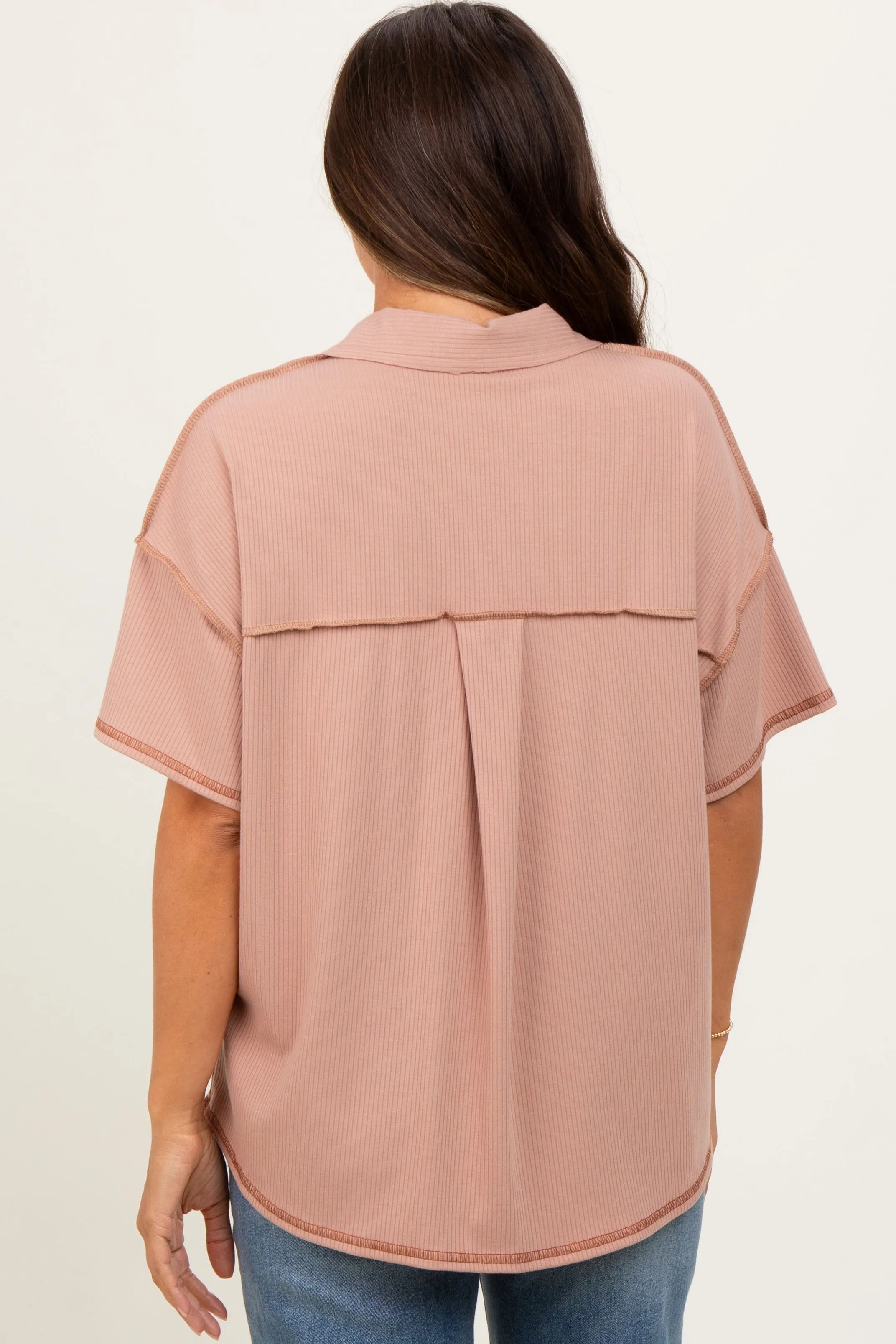 Beige Solid Ribbed Collar V-Neck Maternity Tunic Top sold by Pinkblush product image thumbnail 4
