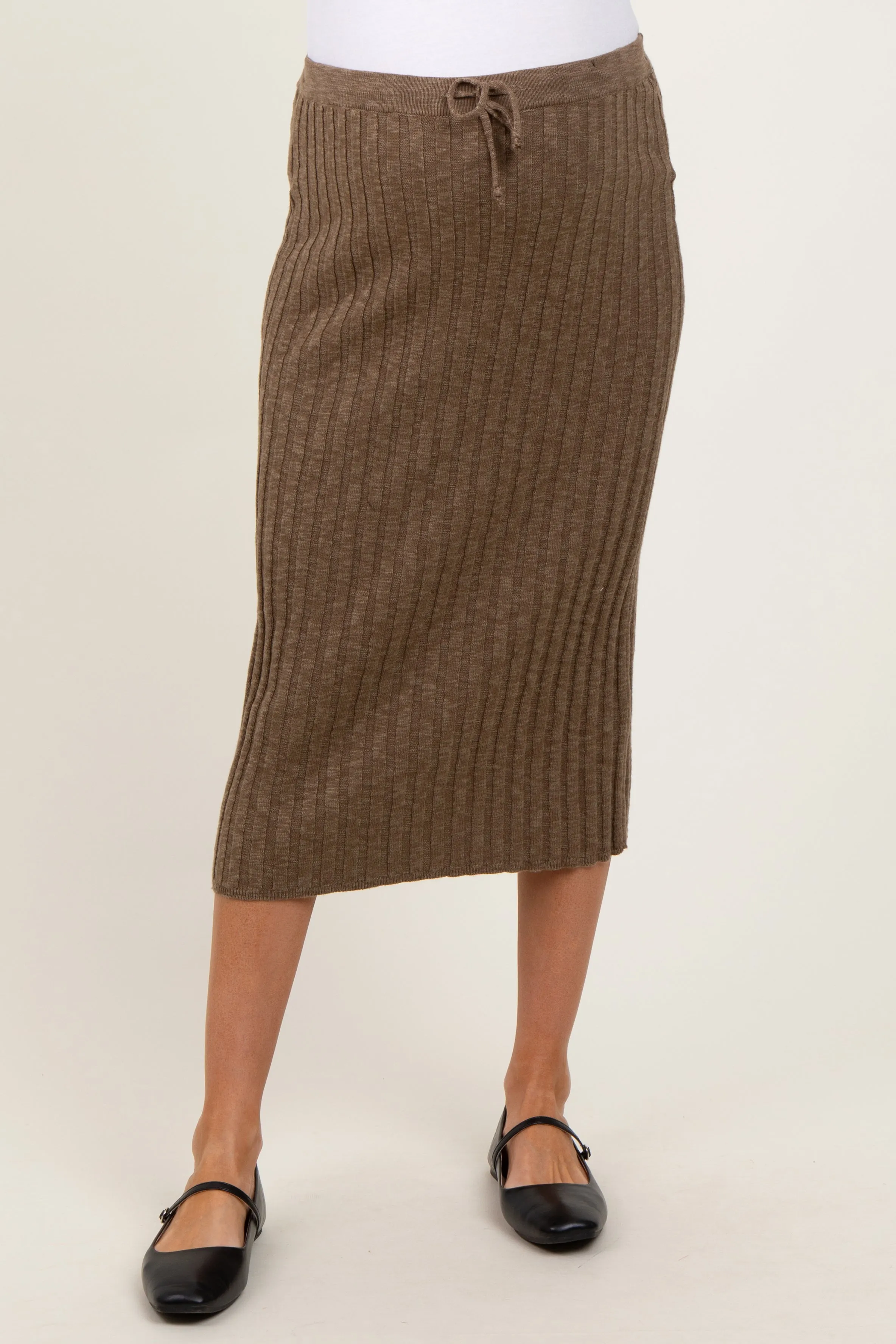 Mocha Ribbed Knit Drawstring Maternity Midi Skirt sold by Pinkblush product image thumbnail 2