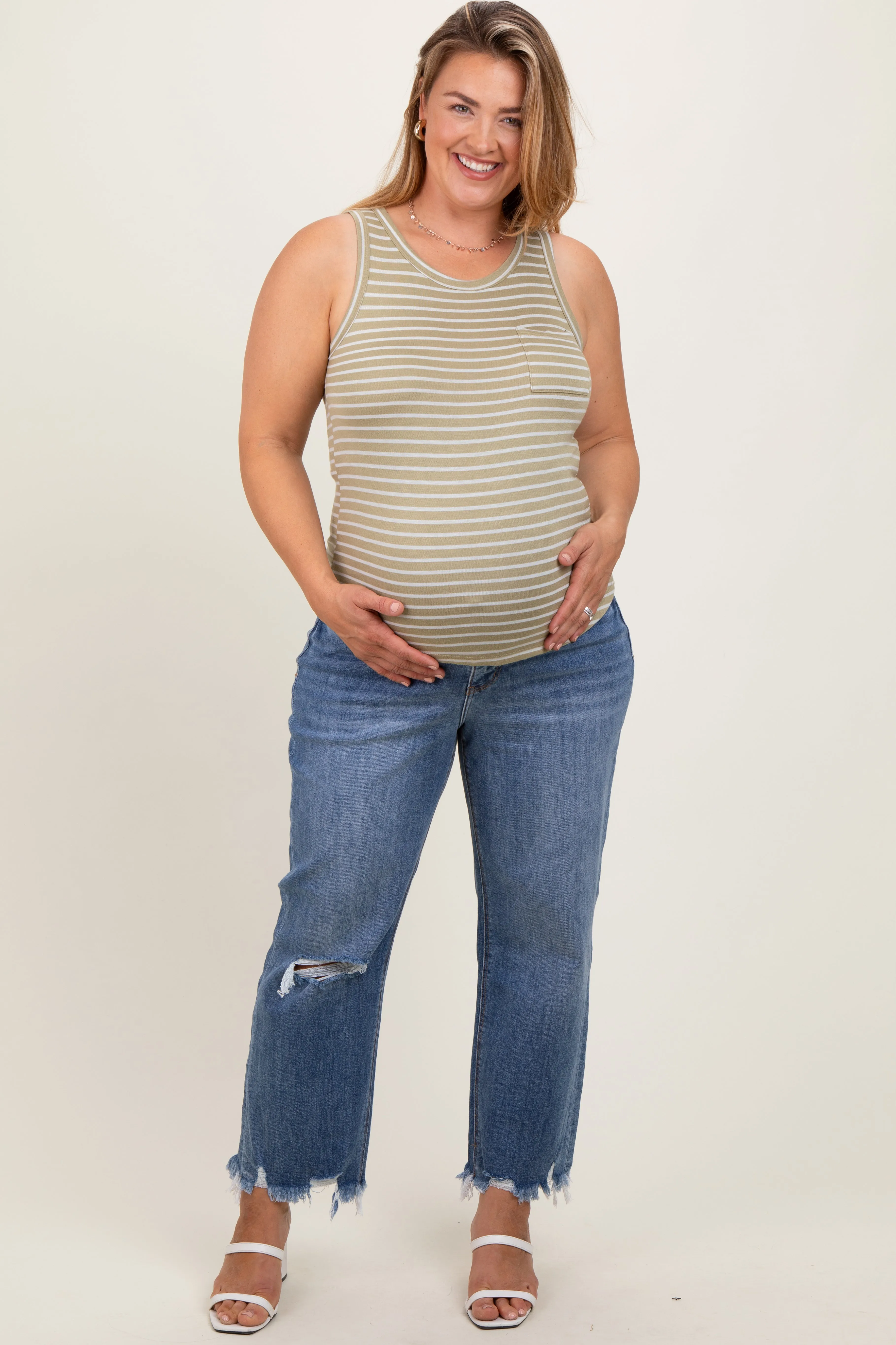 Blue Distressed Open Knee Relaxed Straight Leg Maternity Plus Jeans sold by Pinkblush