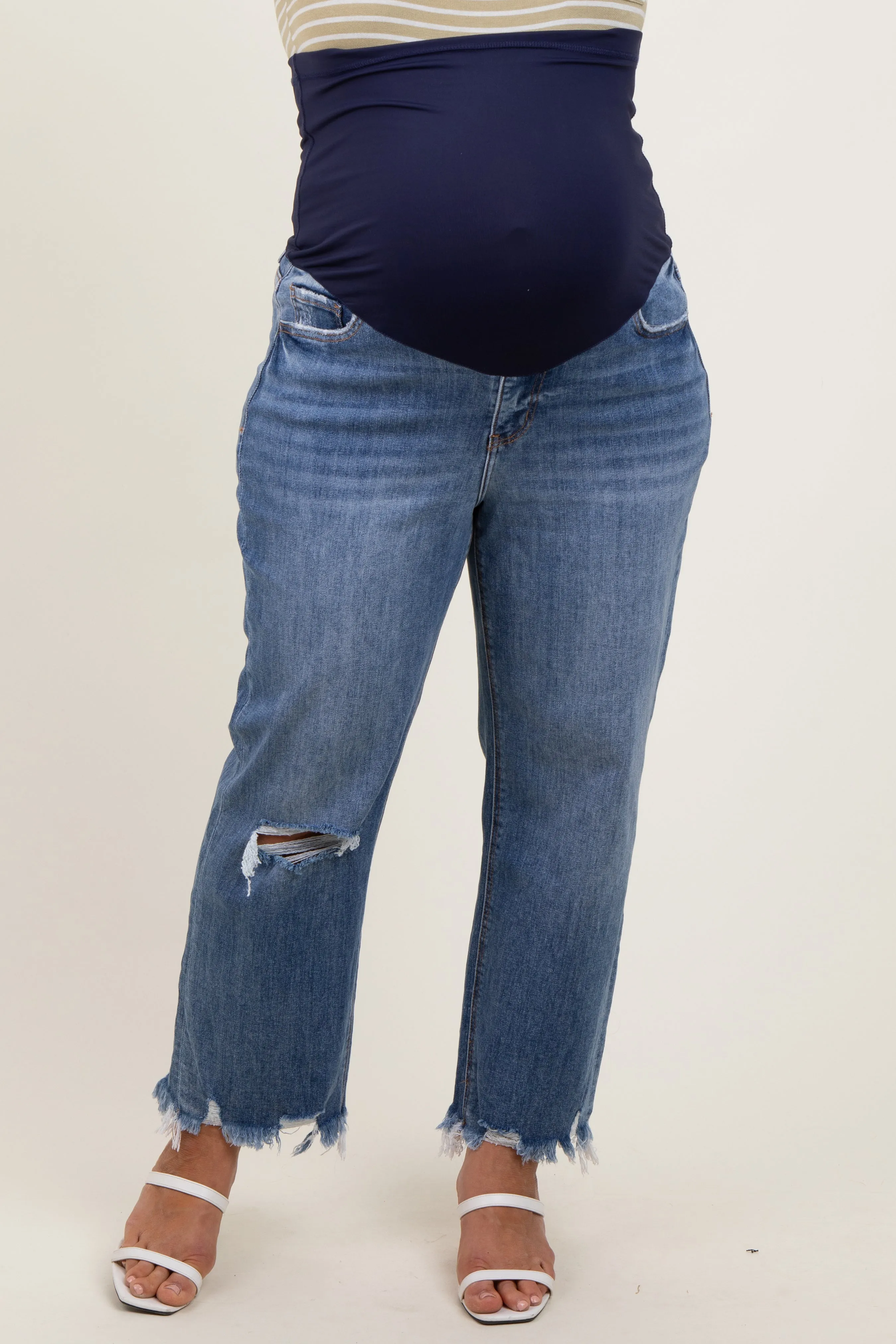 Blue Distressed Open Knee Relaxed Straight Leg Maternity Plus Jeans sold by Pinkblush product image thumbnail 2
