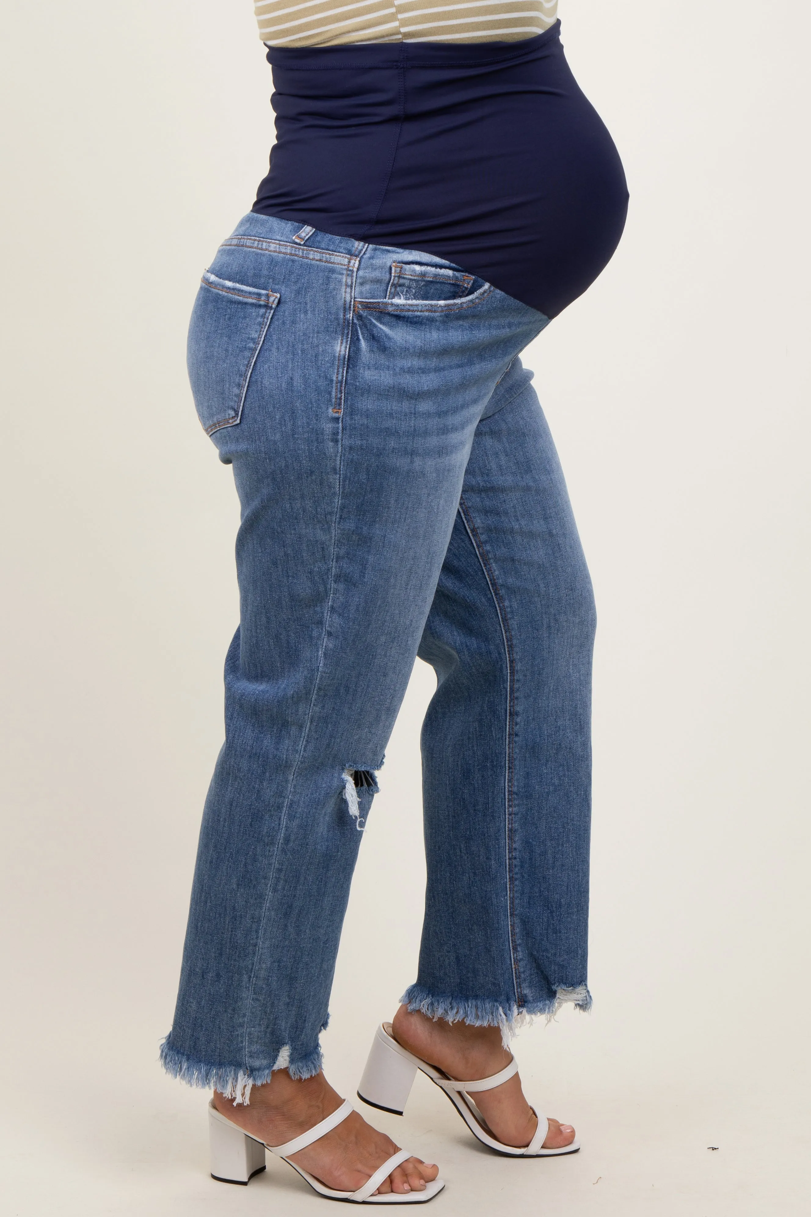Blue Distressed Open Knee Relaxed Straight Leg Maternity Plus Jeans sold by Pinkblush product image thumbnail 3