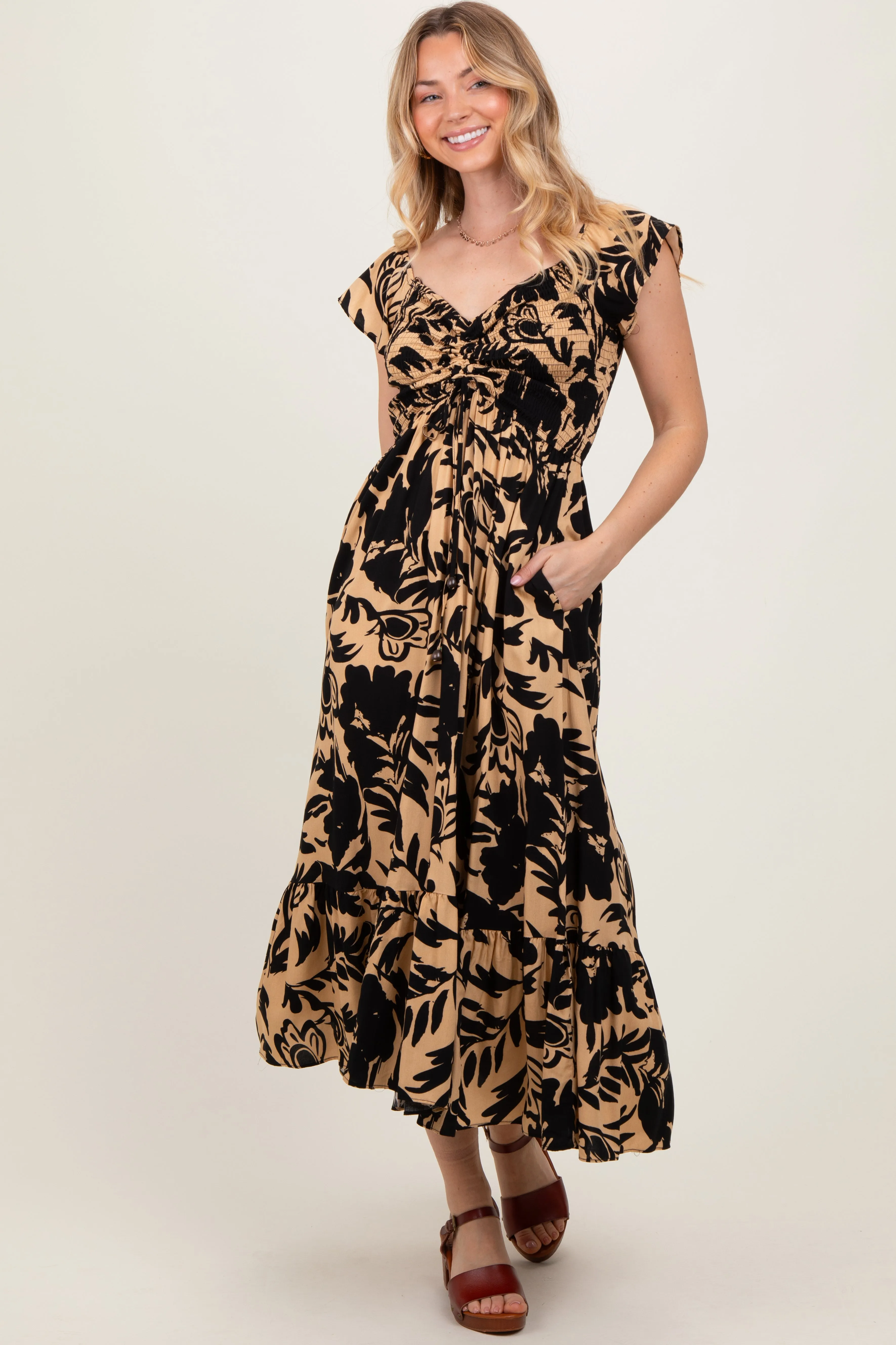Black Mocha Smocked Top Maternity Midi Dress sold by Pinkblush product image thumbnail 4