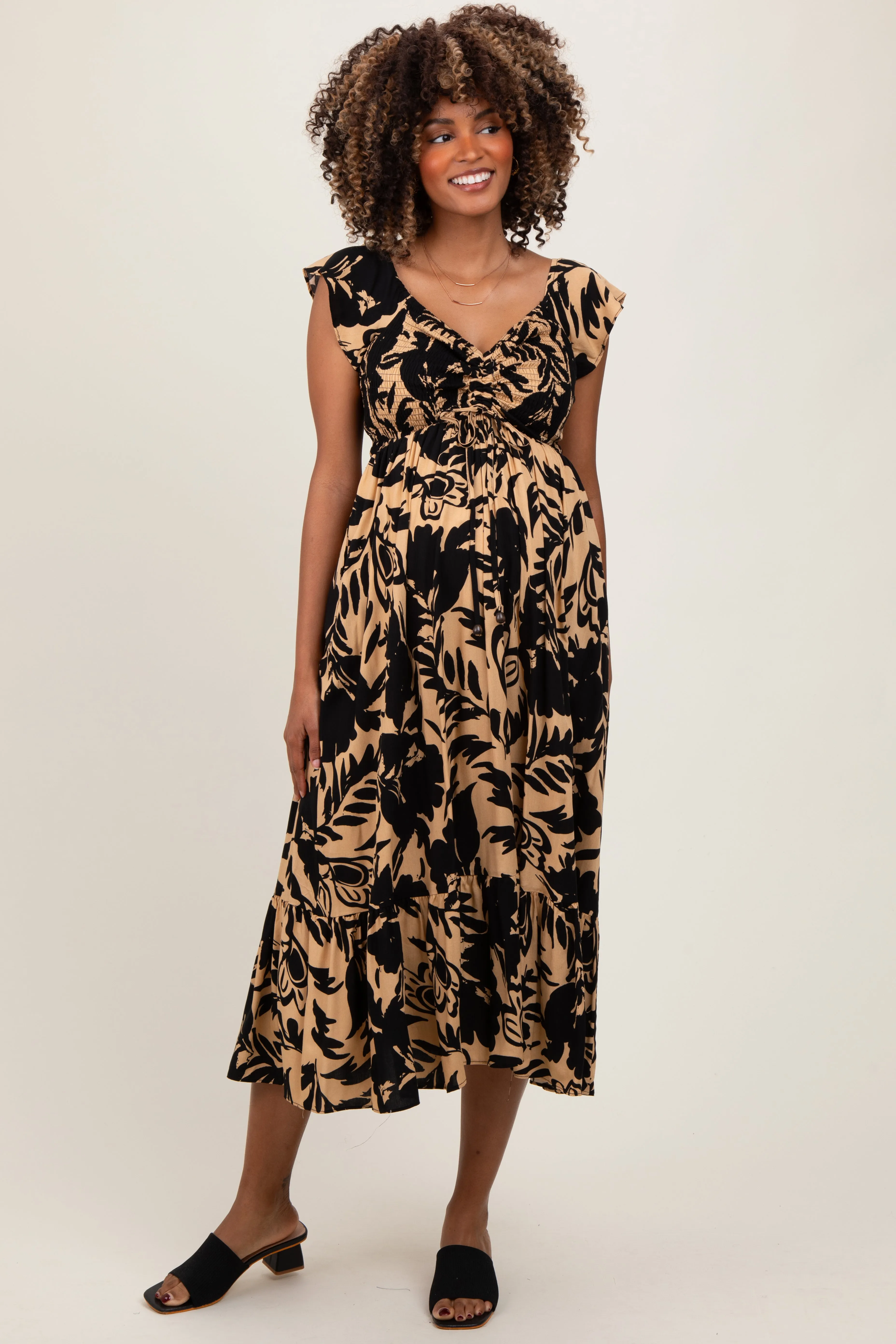 Black Mocha Smocked Top Maternity Midi Dress sold by Pinkblush