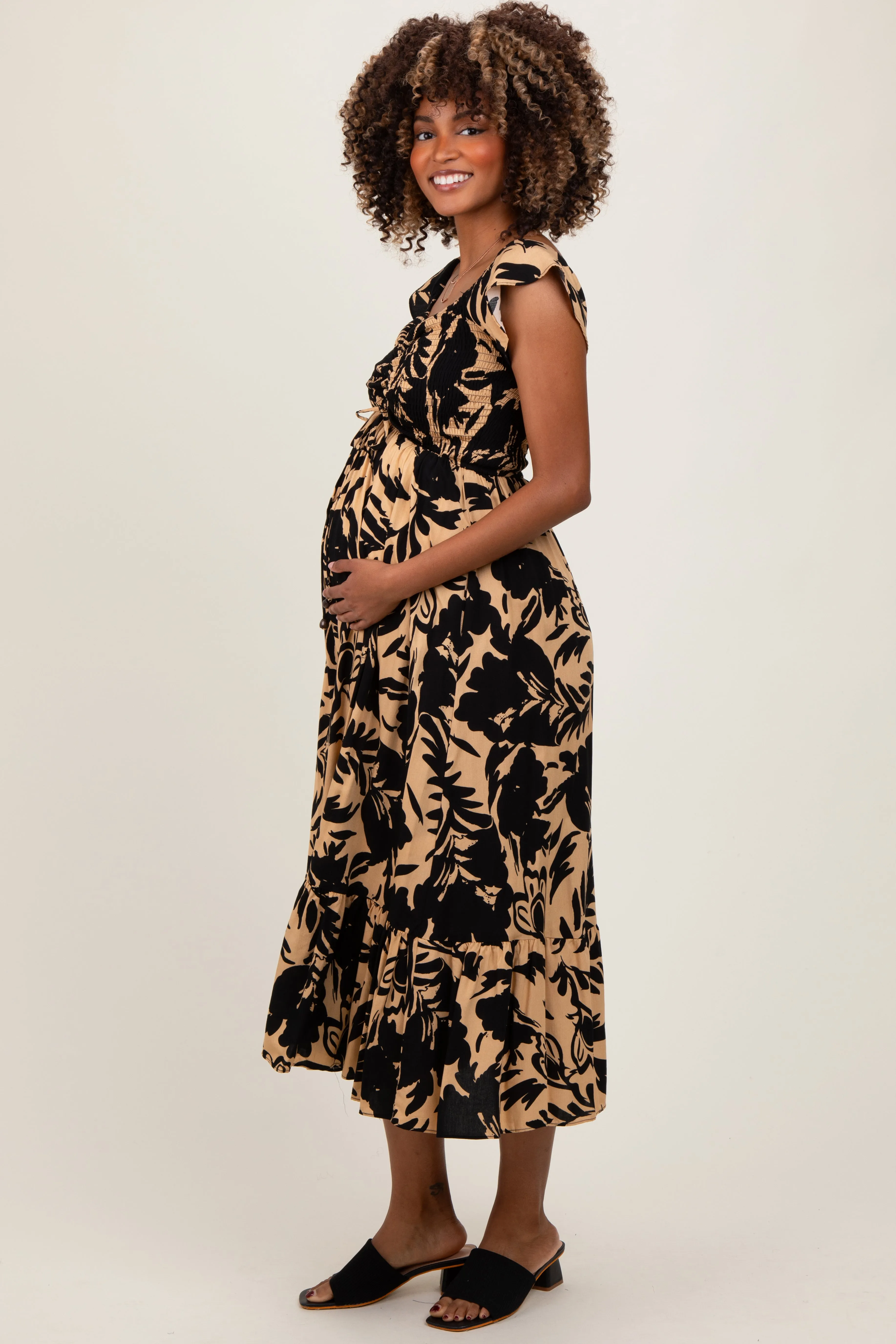 Black Mocha Smocked Top Maternity Midi Dress sold by Pinkblush product image thumbnail 2