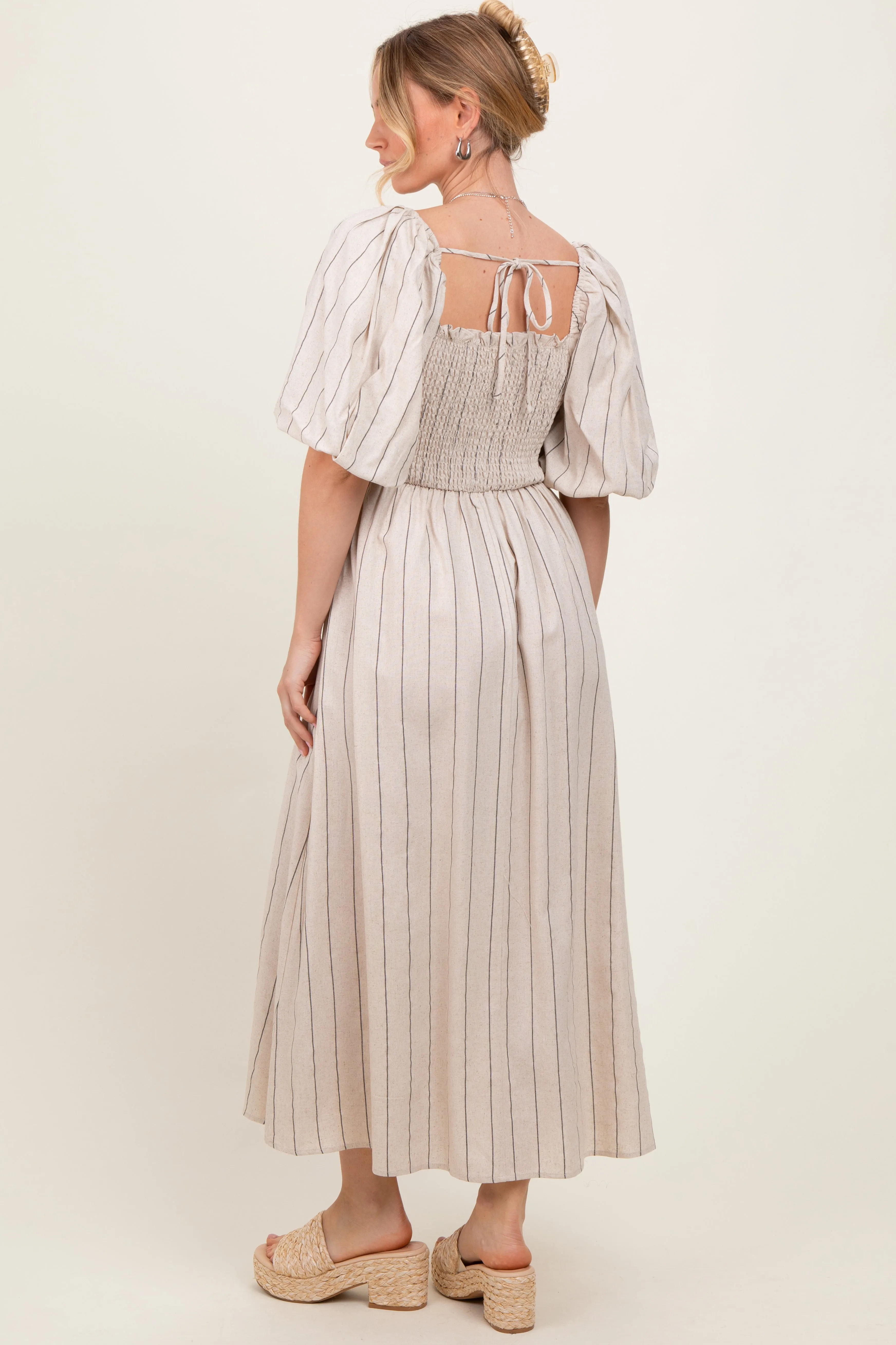 Beige Linen Stripe Puff Sleeve Midi Dress sold by Pinkblush product image thumbnail 4