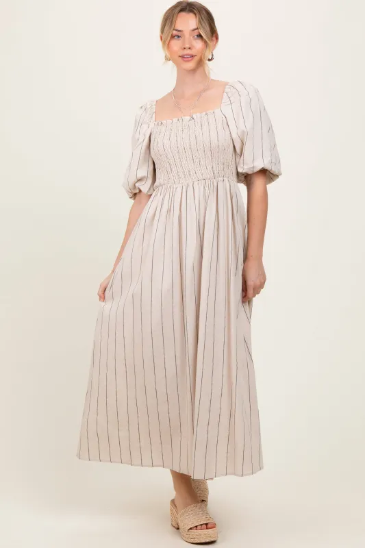 Beige Linen Stripe Puff Sleeve Midi Dress sold by Pinkblush
