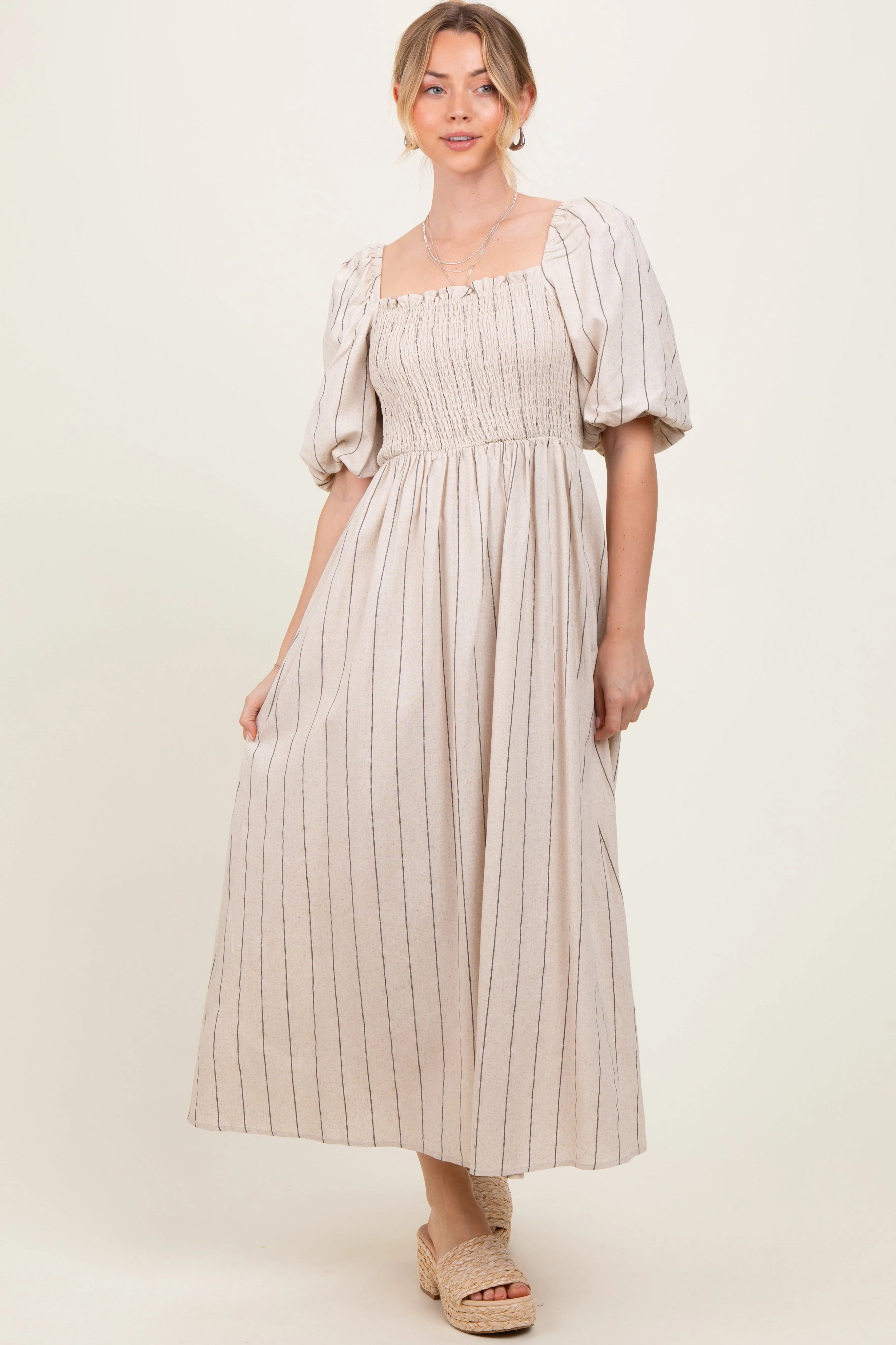 Beige Linen Stripe Puff Sleeve Midi Dress sold by Pinkblush