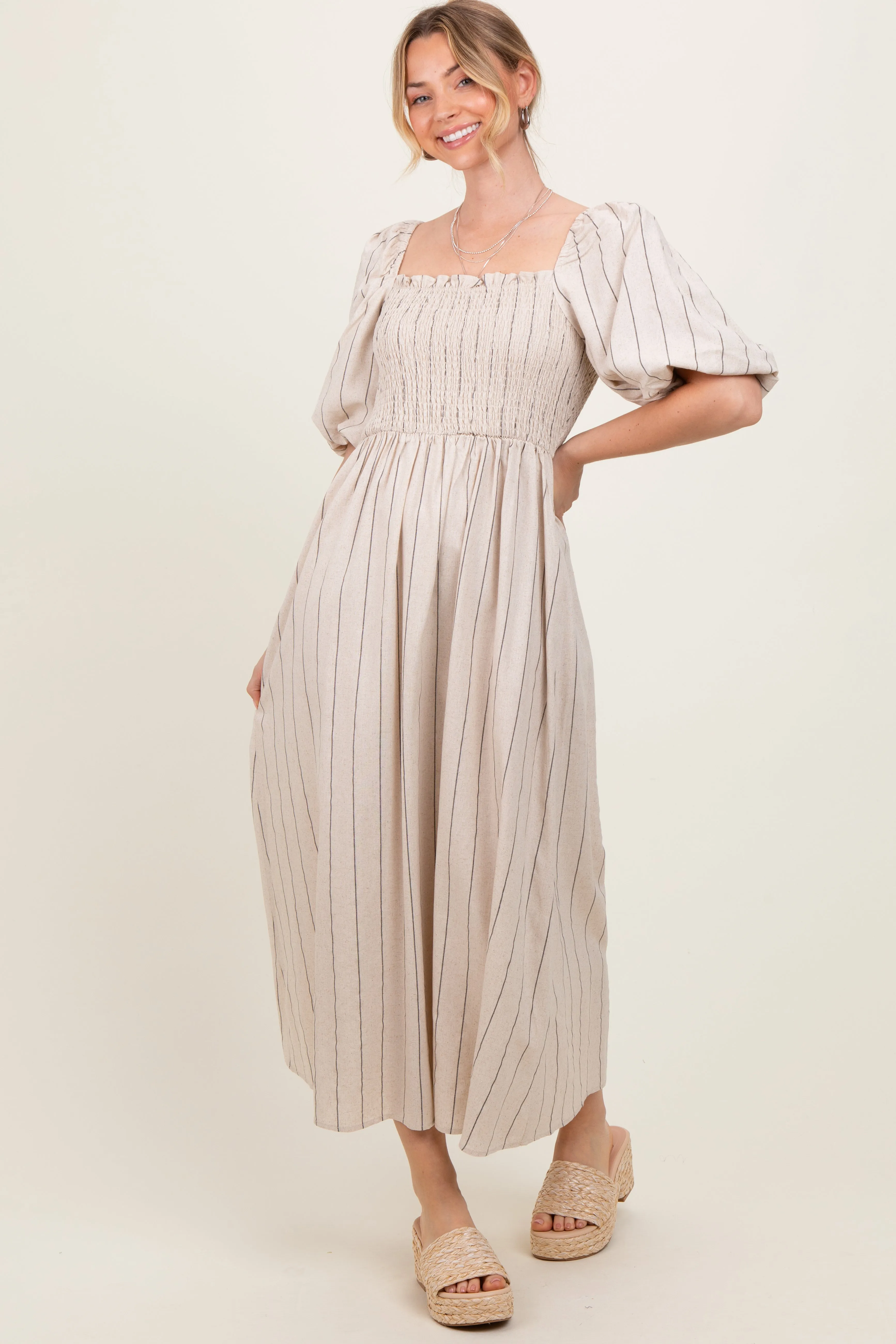 Beige Linen Stripe Puff Sleeve Midi Dress sold by Pinkblush product image thumbnail 2