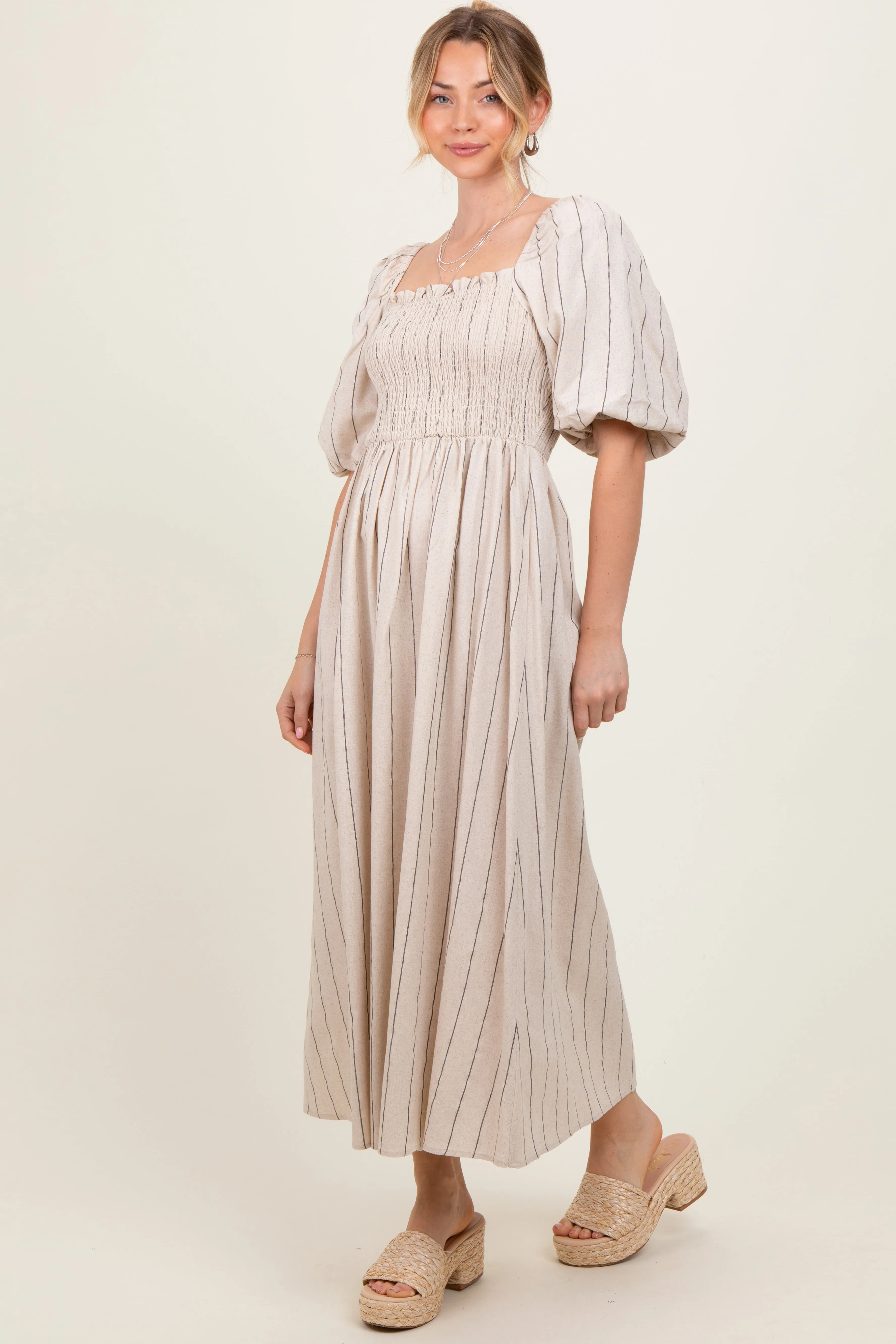 Beige Linen Stripe Puff Sleeve Midi Dress sold by Pinkblush product image thumbnail 3