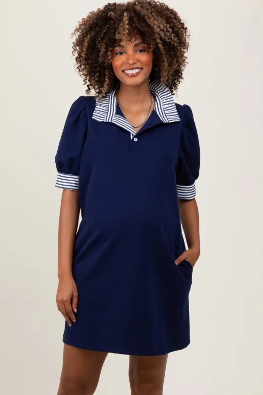Navy Mock Neck Contrast Striped Trim Maternity Mini Dress sold by Pinkblush