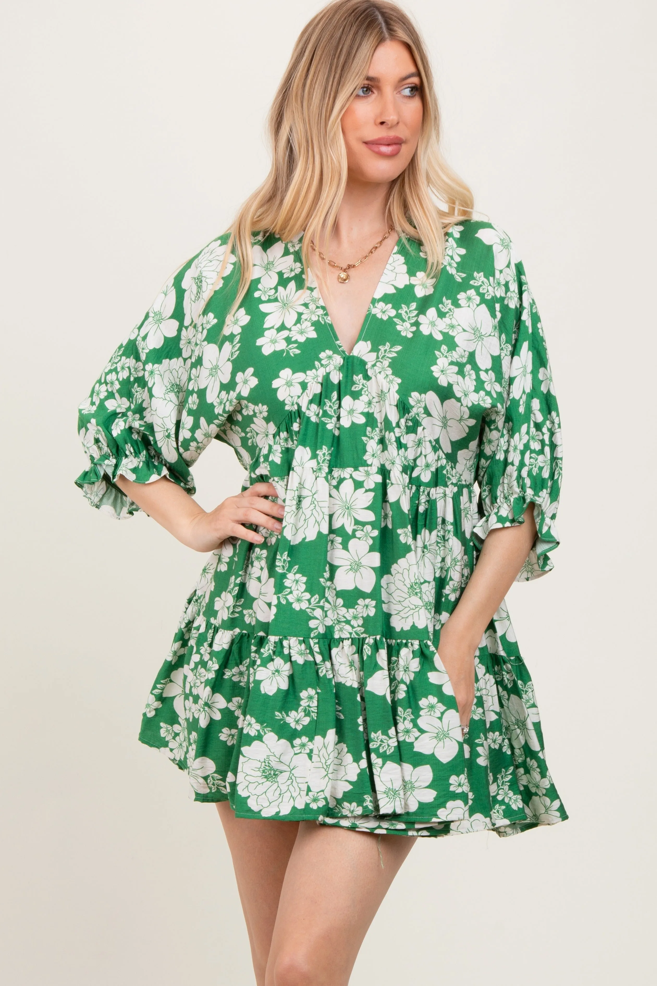 Green Floral Deep V-Neck Maternity Mini Dress sold by Pinkblush product image thumbnail 4