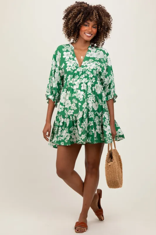 Green Floral Deep V-Neck Maternity Mini Dress made by Pinkblush