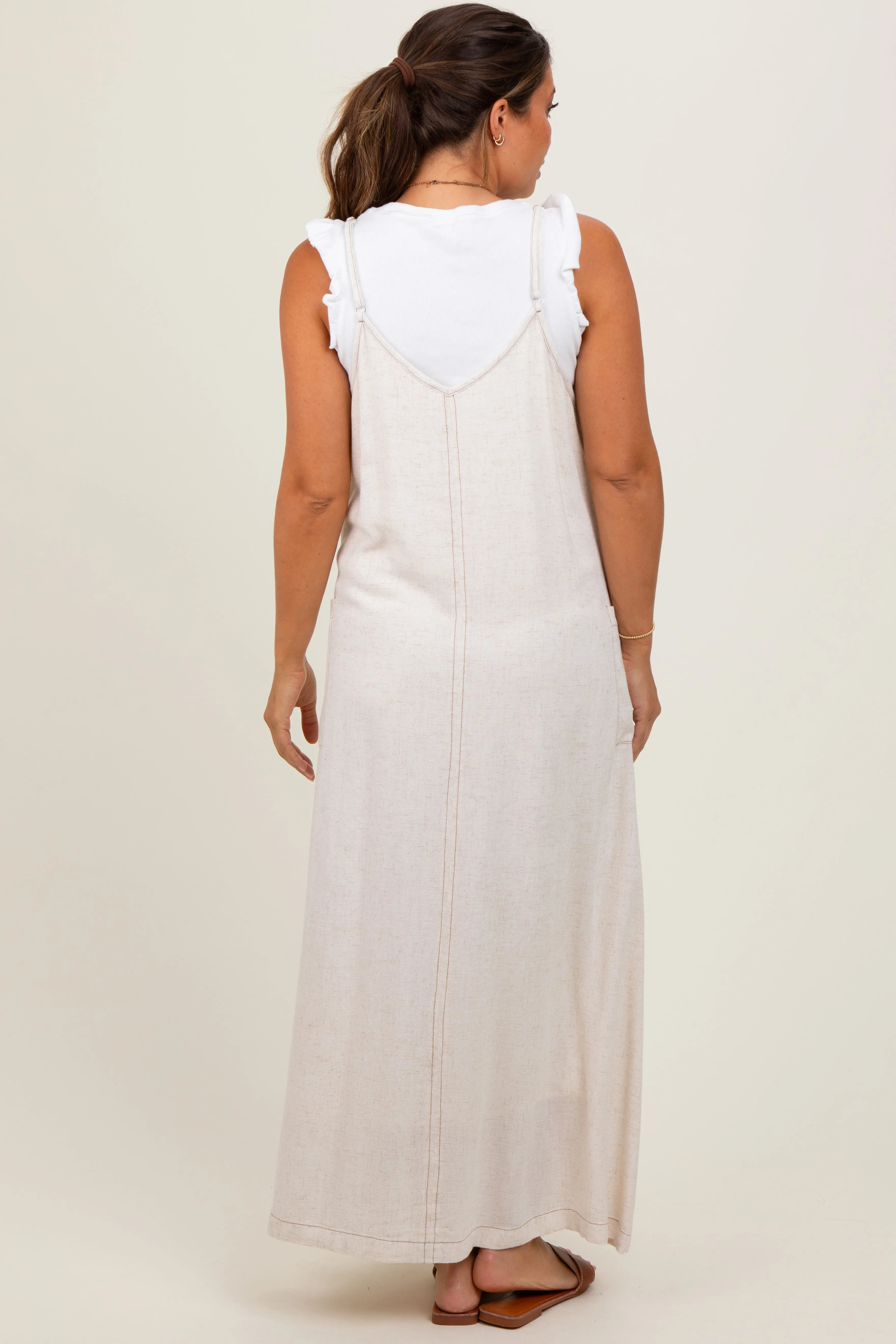 Cream Linen Mixed Overall Maternity Midi Dress sold by Pinkblush product image thumbnail 3