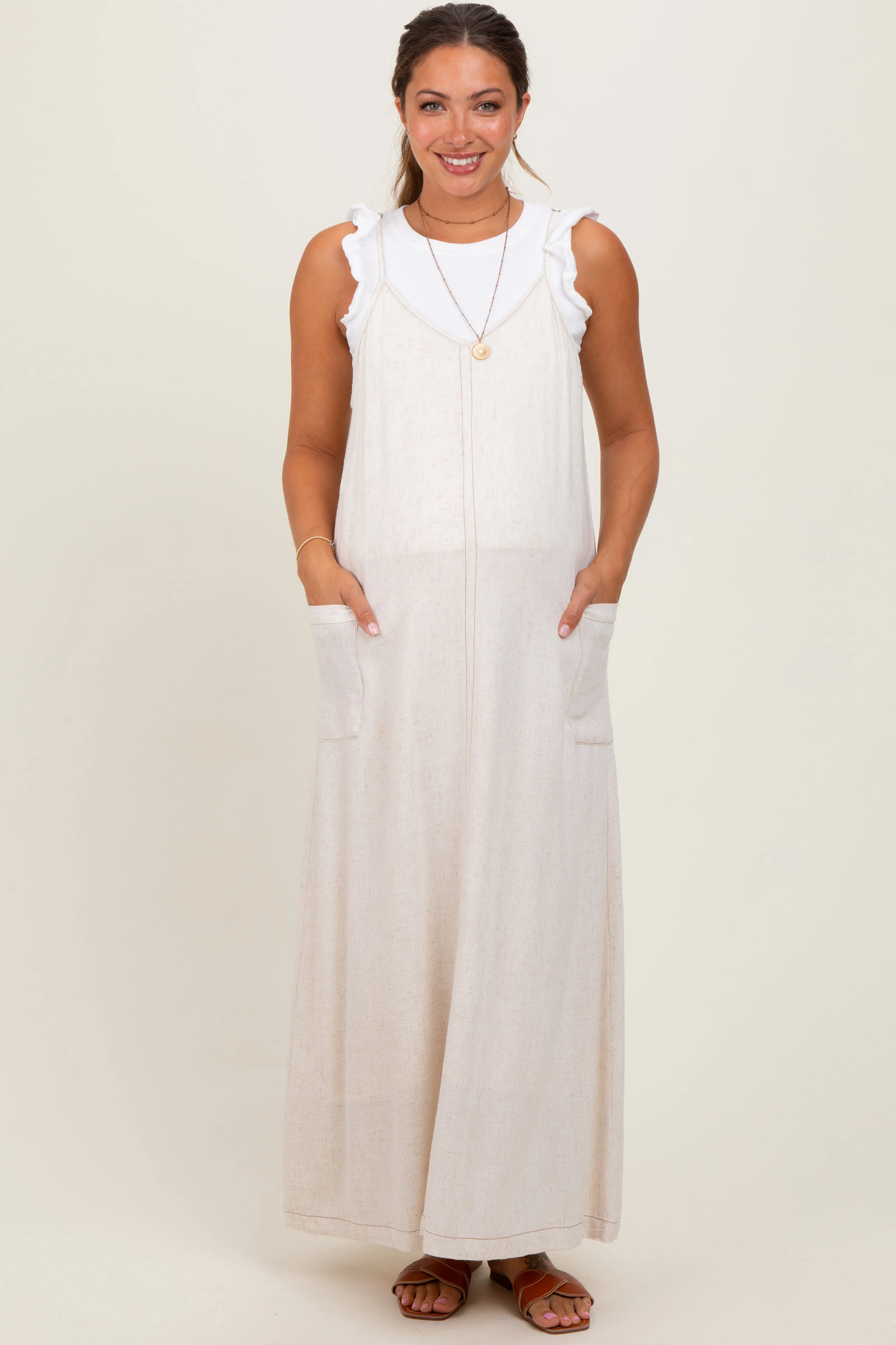 Cream Linen Mixed Overall Maternity Midi Dress sold by Pinkblush product image thumbnail 4