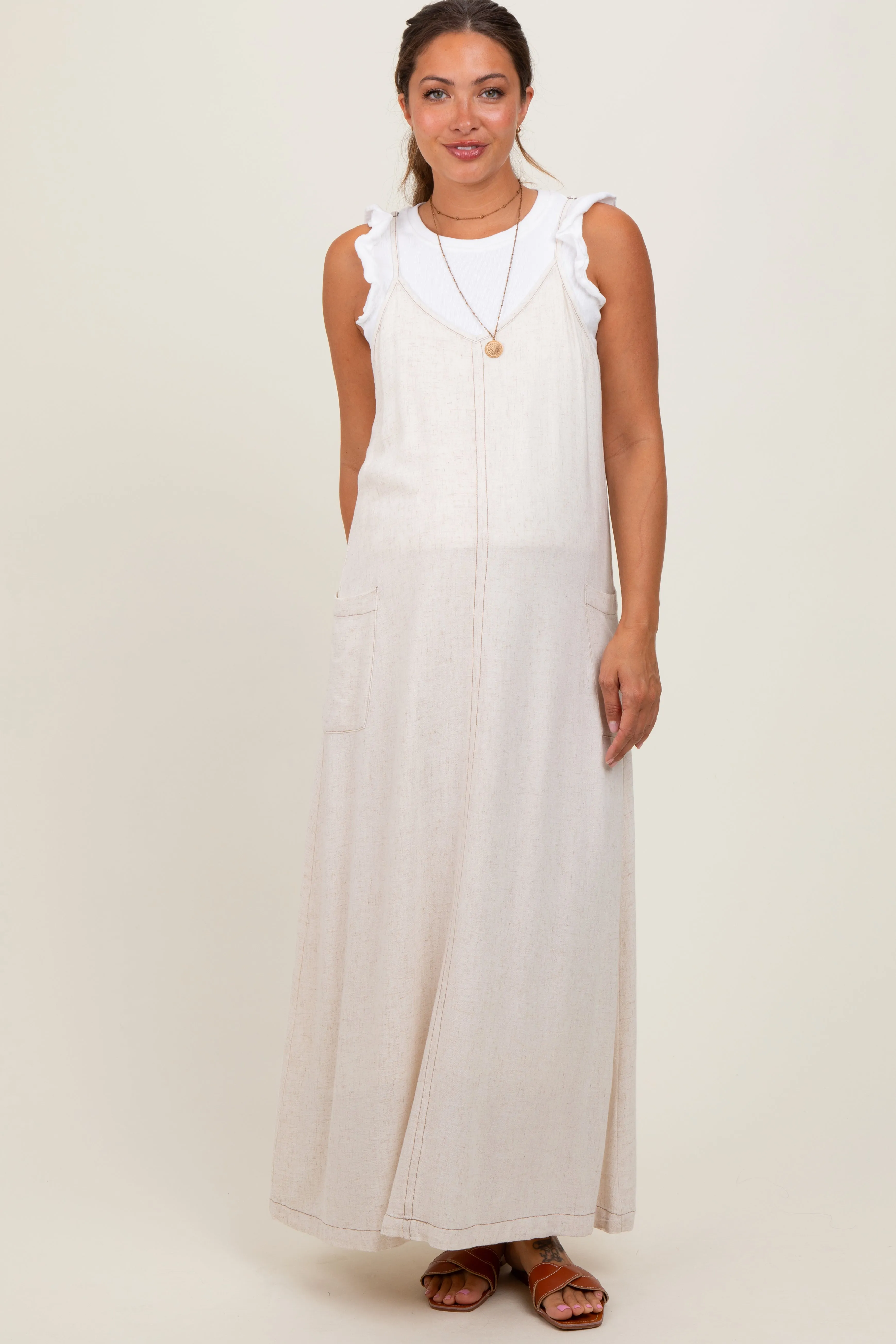 Cream Linen Mixed Overall Maternity Midi Dress sold by Pinkblush