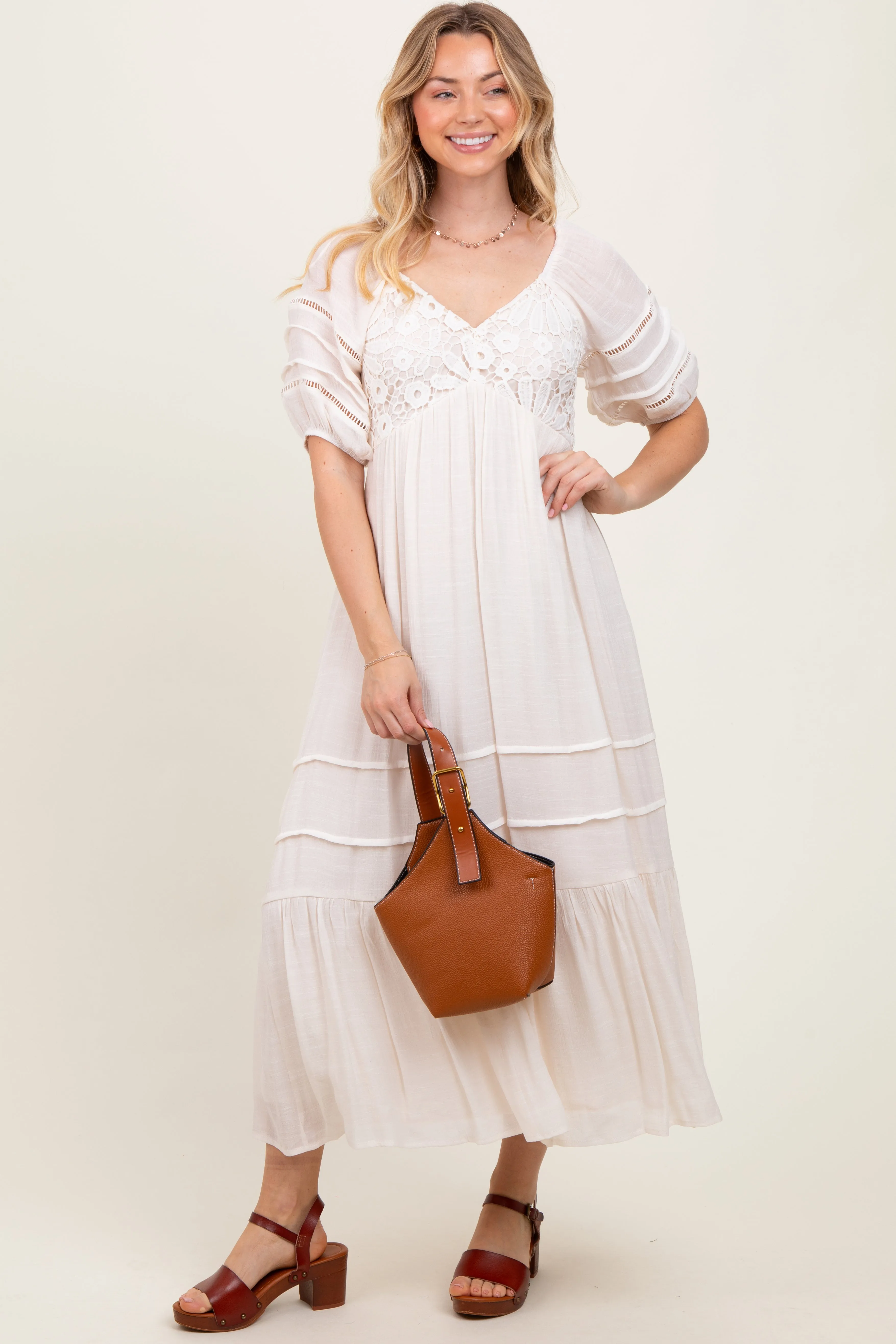 Cream Crochet Detail Bodice Midi Dress sold by Pinkblush