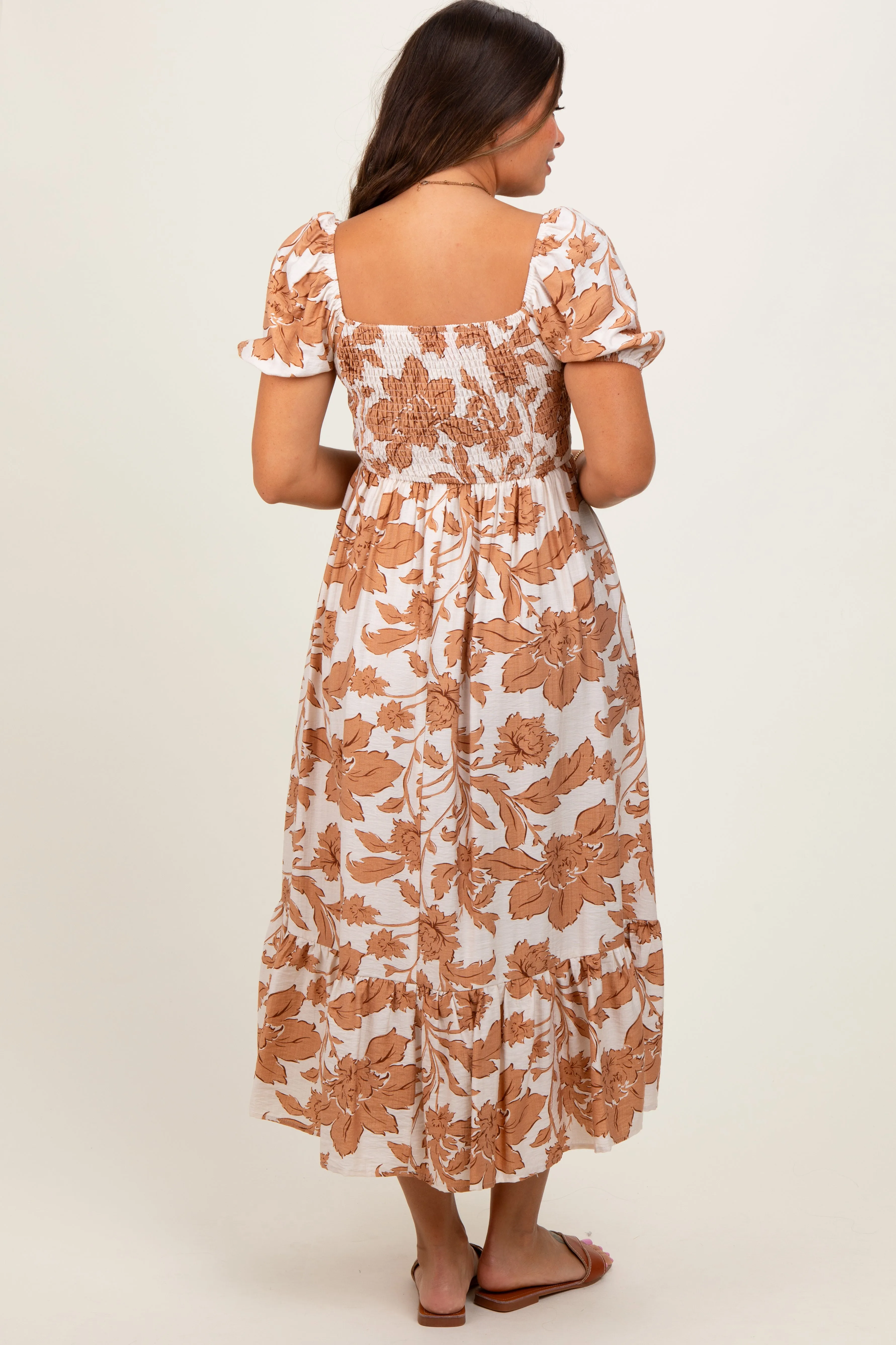 Mocha Floral Smocked Triple Front Tie Maternity Midi Dress sold by Pinkblush product image thumbnail 3