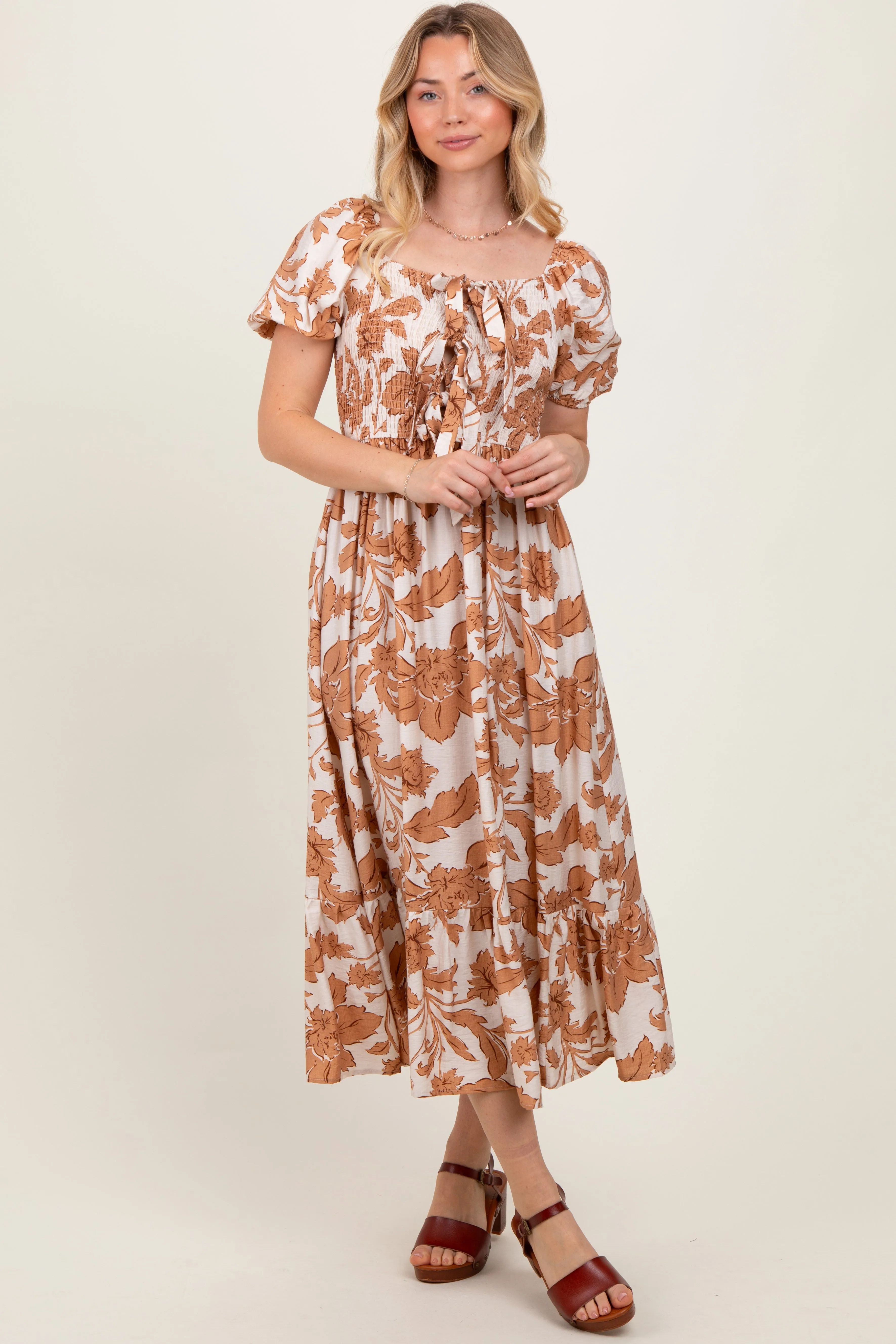 Mocha Floral Smocked Triple Front Tie Maternity Midi Dress sold by Pinkblush product image thumbnail 4