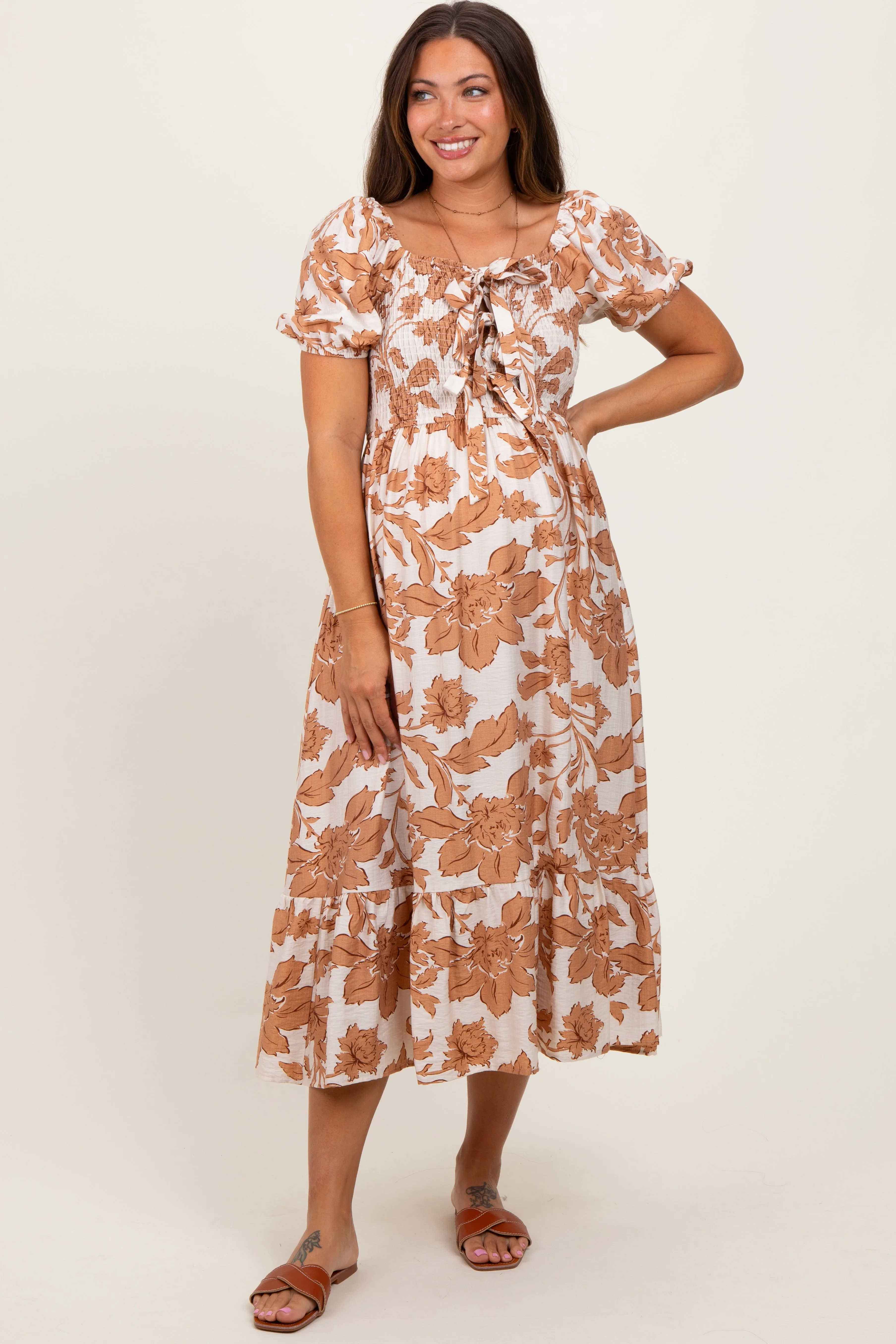 Mocha Floral Smocked Triple Front Tie Maternity Midi Dress sold by Pinkblush