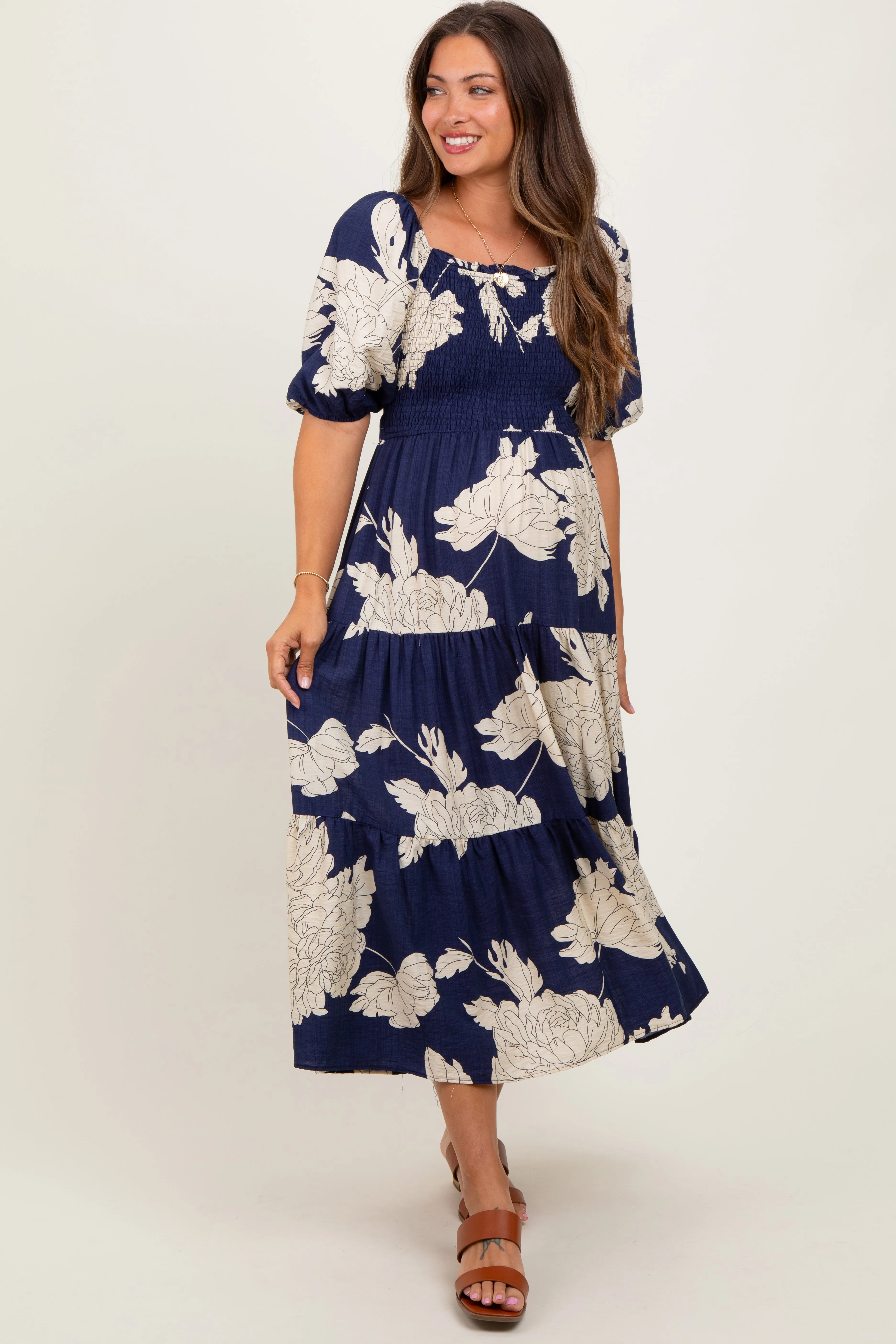 Navy Floral Smocked Front Tie Cutout Maternity Maxi Dress sold by Pinkblush product image thumbnail 2