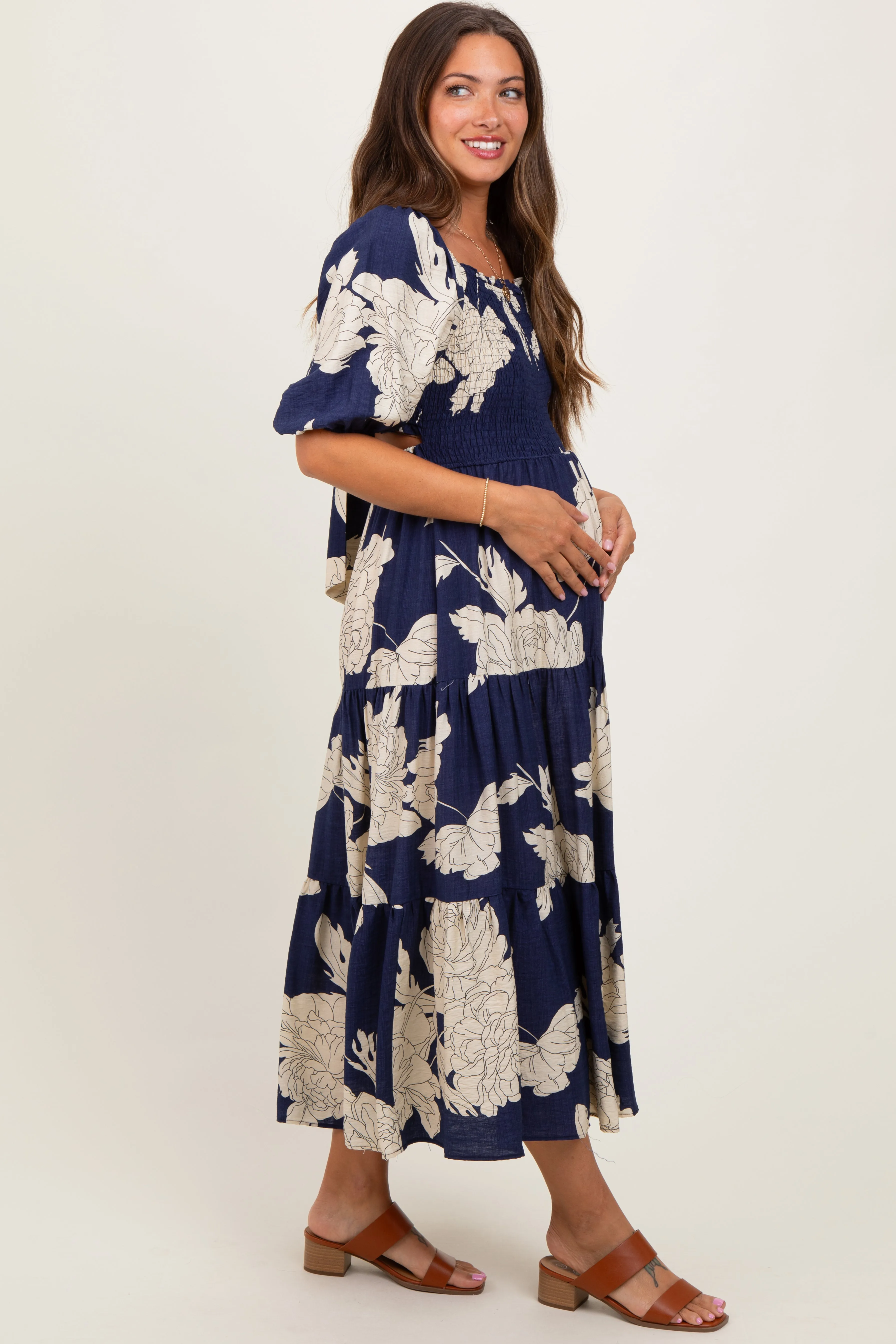 Navy Floral Smocked Front Tie Cutout Maternity Maxi Dress sold by Pinkblush product image thumbnail 3