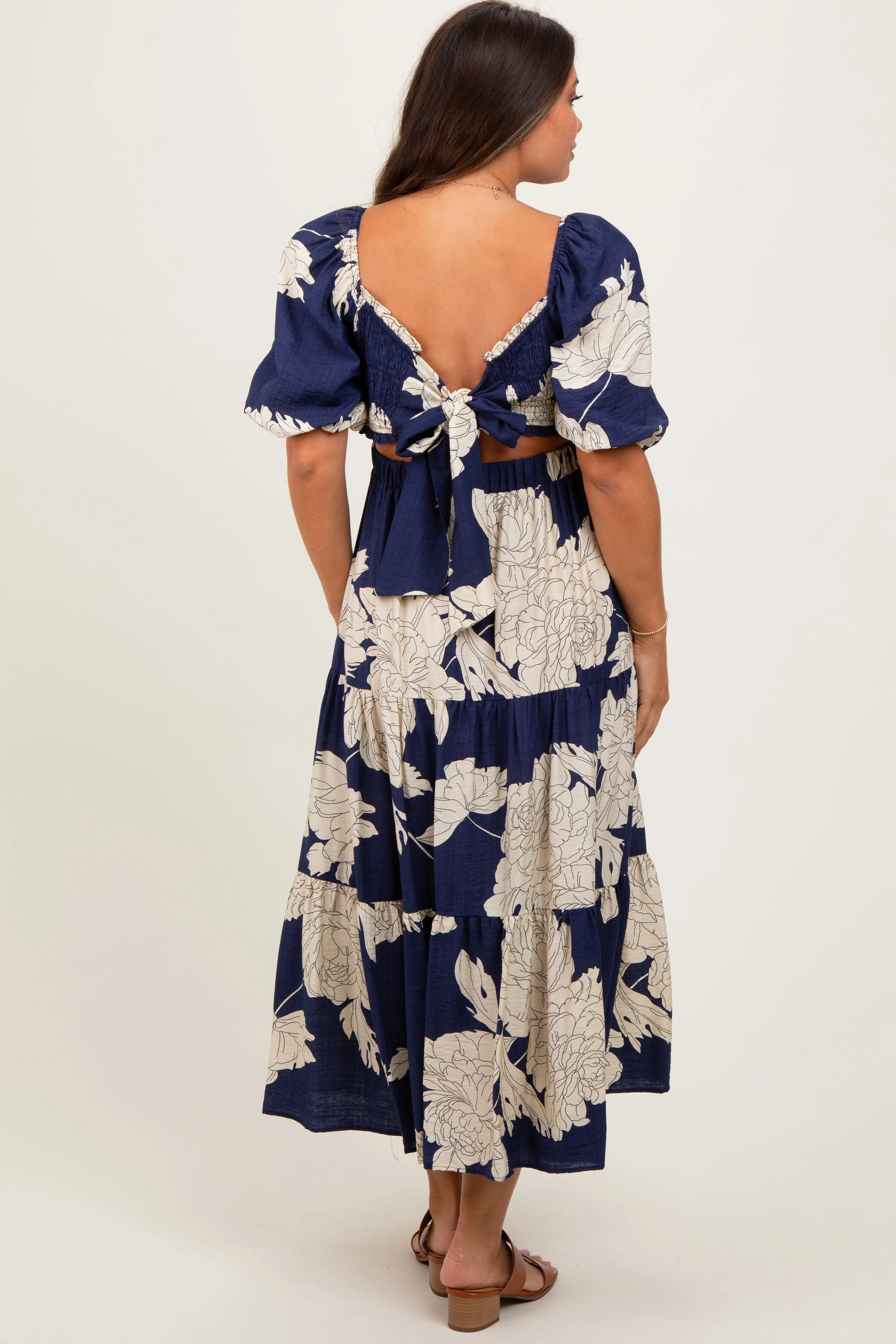 Navy Floral Smocked Front Tie Cutout Maternity Maxi Dress sold by Pinkblush product image thumbnail 4