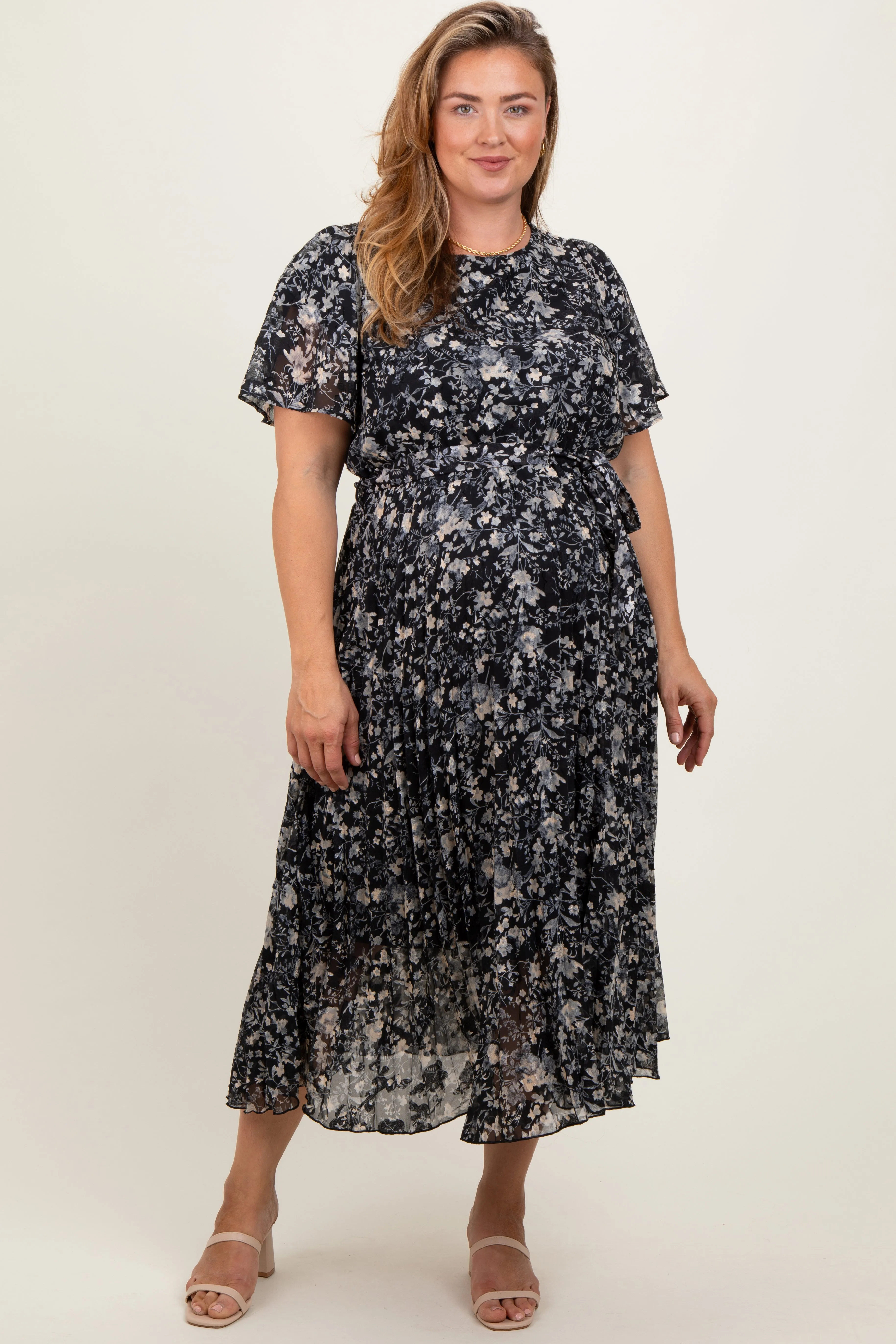 Black Floral Pleated Maternity Plus Midi Dress sold by Pinkblush
