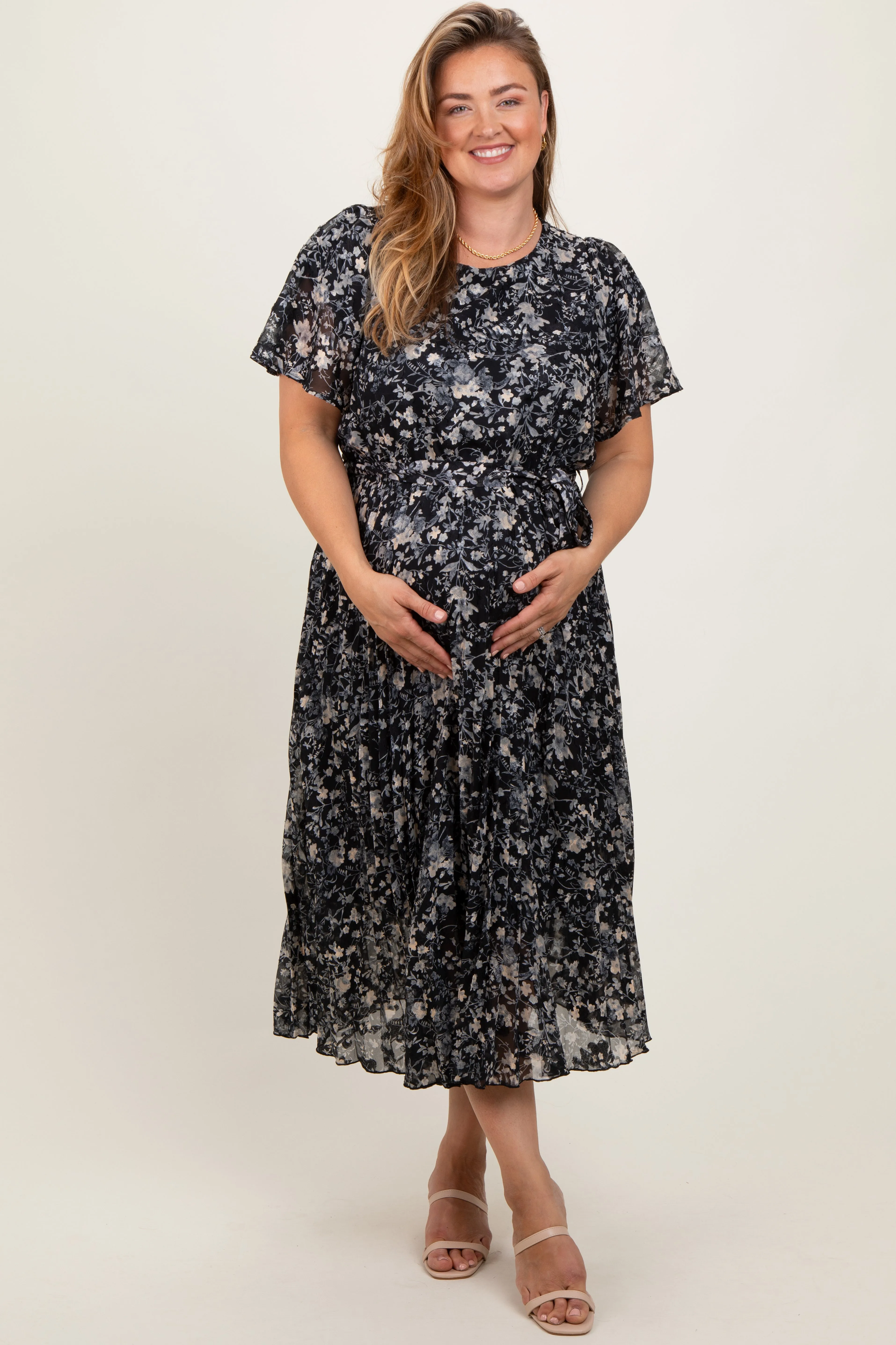 Black Floral Pleated Maternity Plus Midi Dress sold by Pinkblush product image thumbnail 2