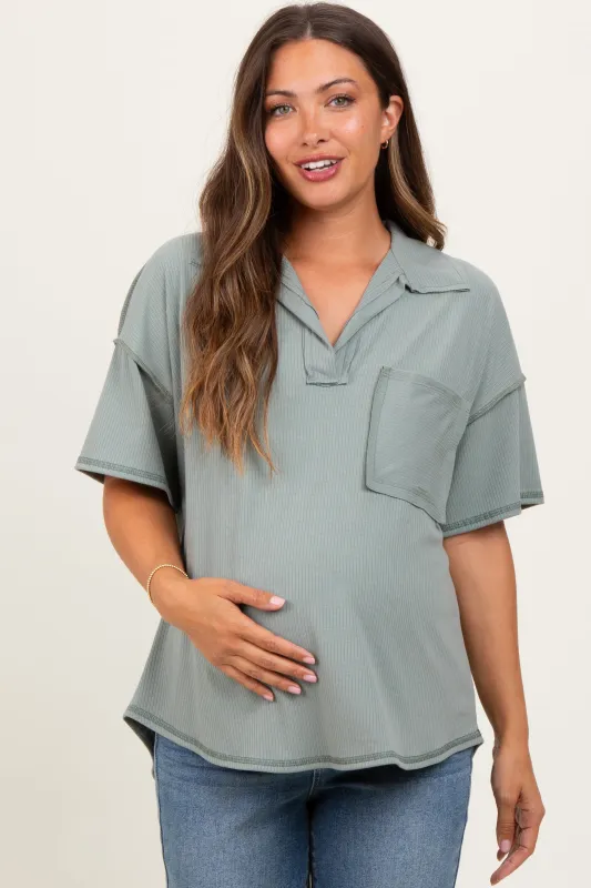 Olive Solid Ribbed Collar V-Neck Maternity Tunic Top sold by Pinkblush
