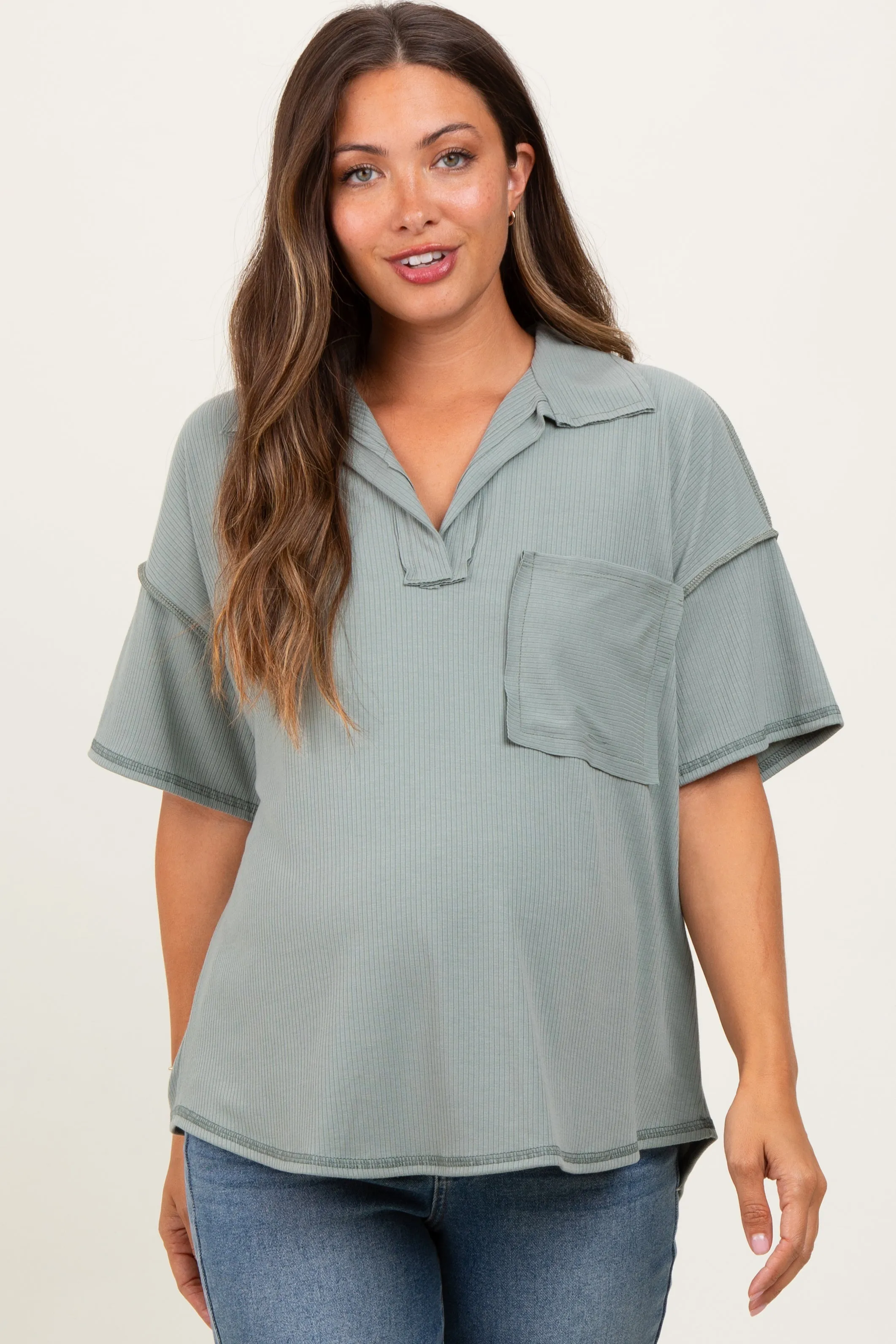 Olive Solid Ribbed Collar V-Neck Maternity Tunic Top sold by Pinkblush product image thumbnail 2