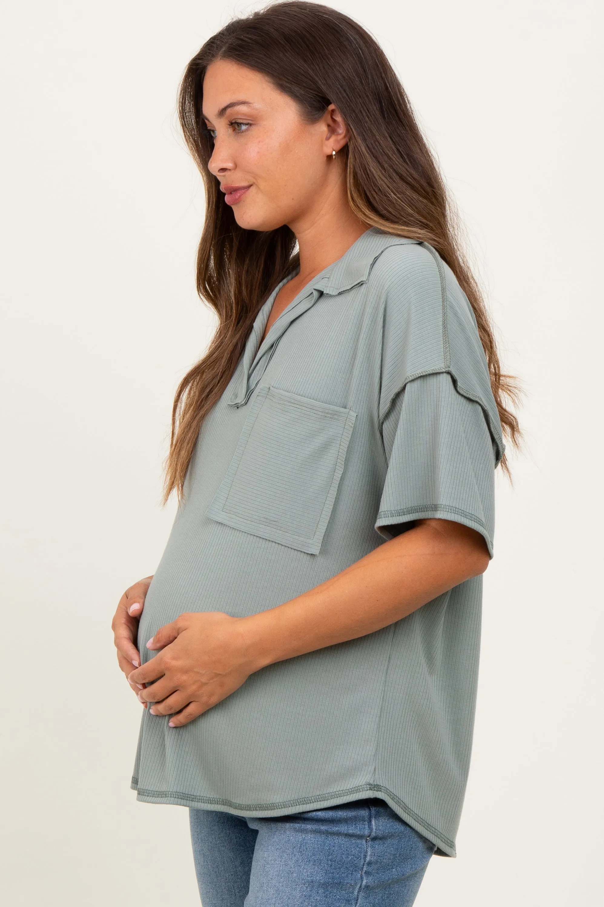 Olive Solid Ribbed Collar V-Neck Maternity Tunic Top sold by Pinkblush product image thumbnail 3