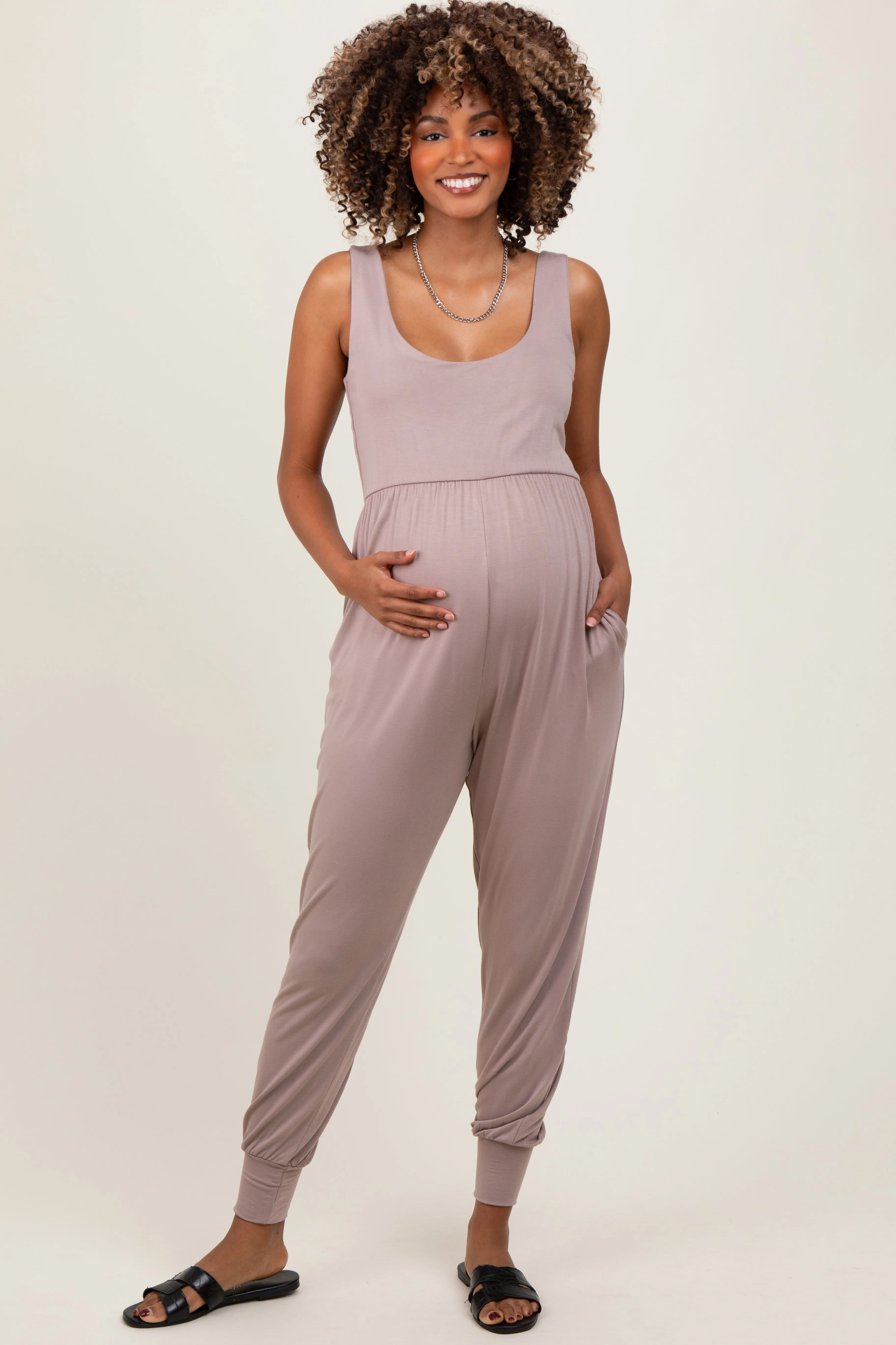 Mocha Scoop Neck Sleeveless Maternity Jogger Jumpsuit sold by Pinkblush