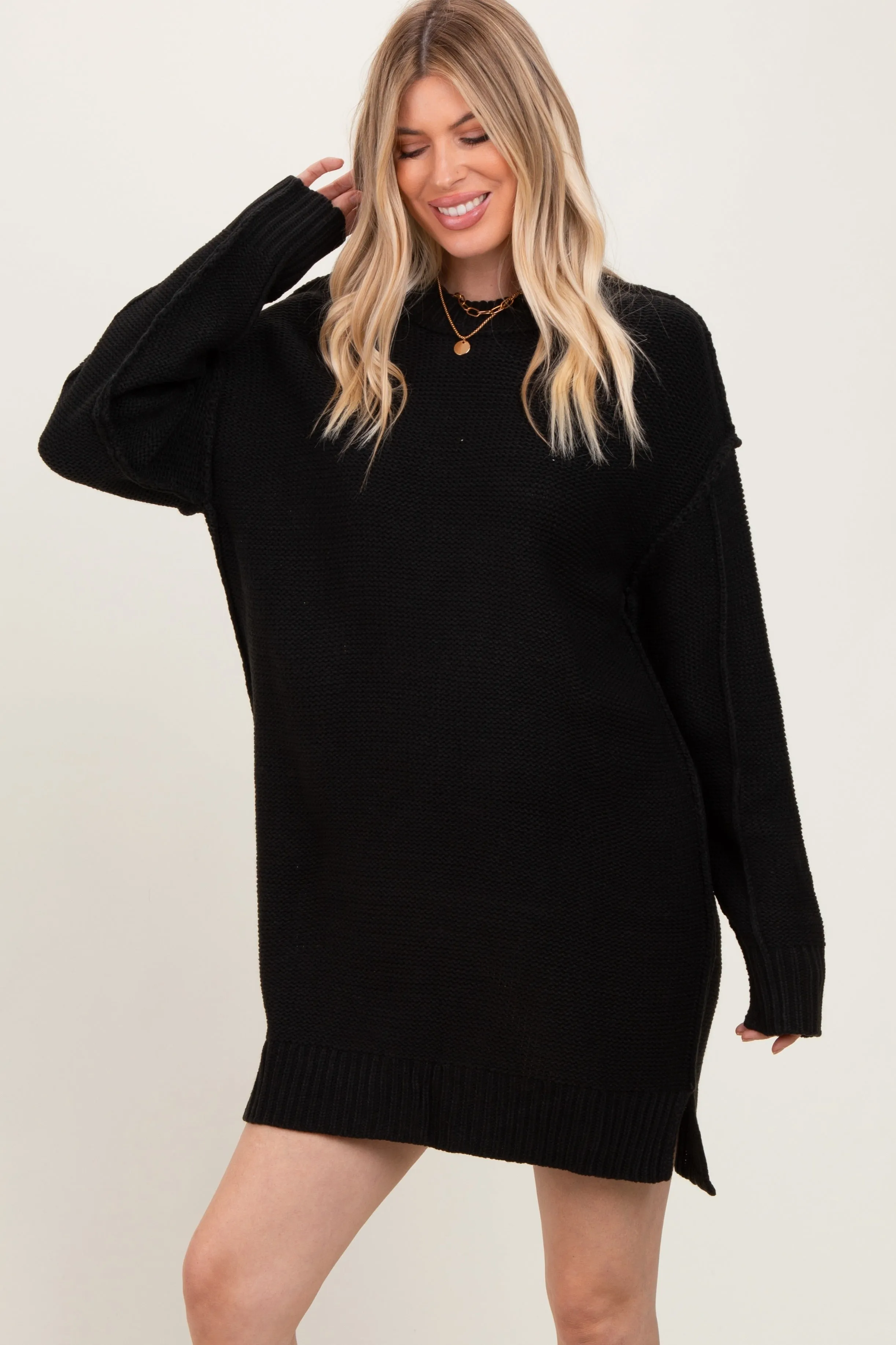 Black Exposed Seam Oversized Sweater Dress sold by Pinkblush