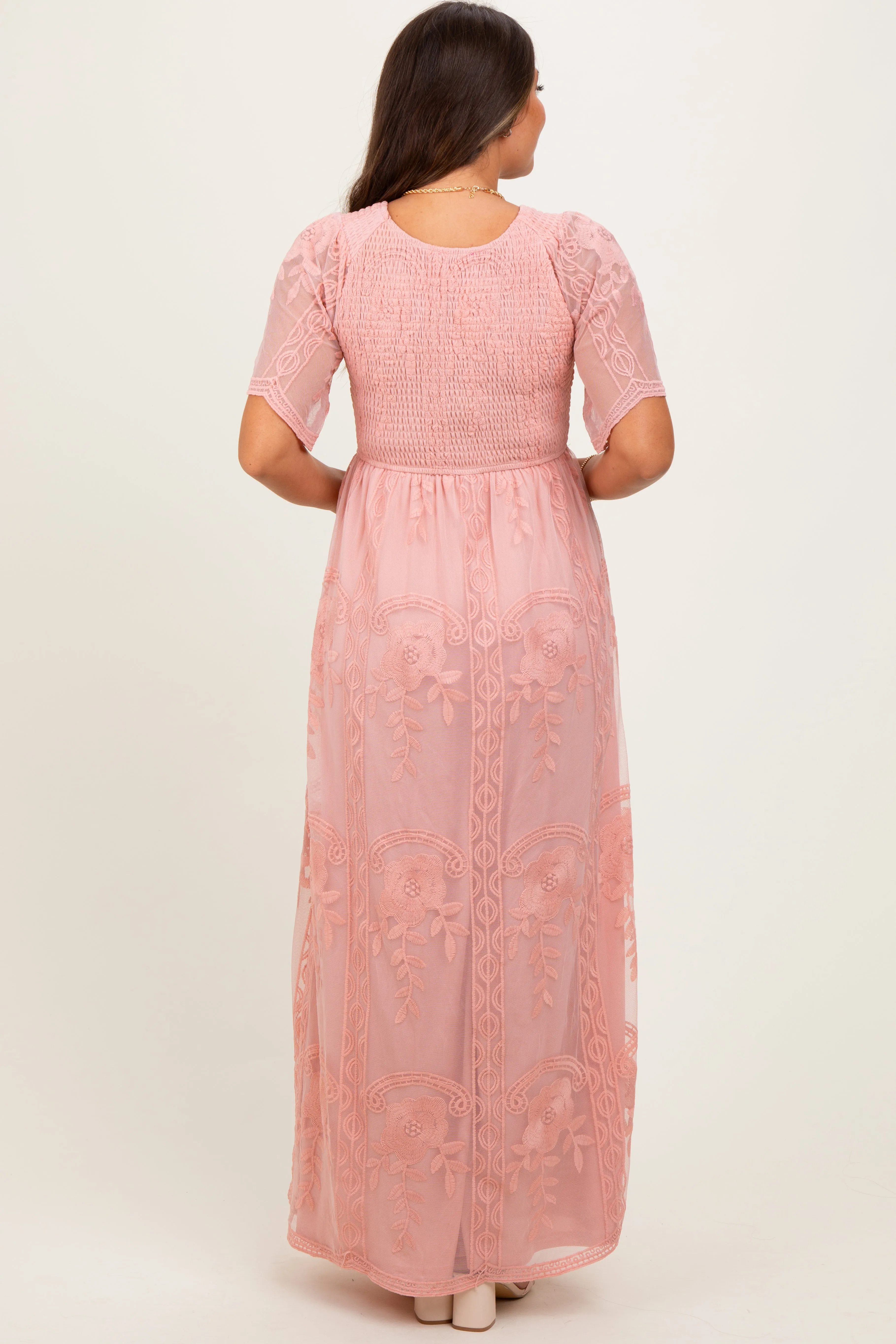 Pink Smocked Top Lace Maternity Maxi Dress sold by Pinkblush product image thumbnail 4
