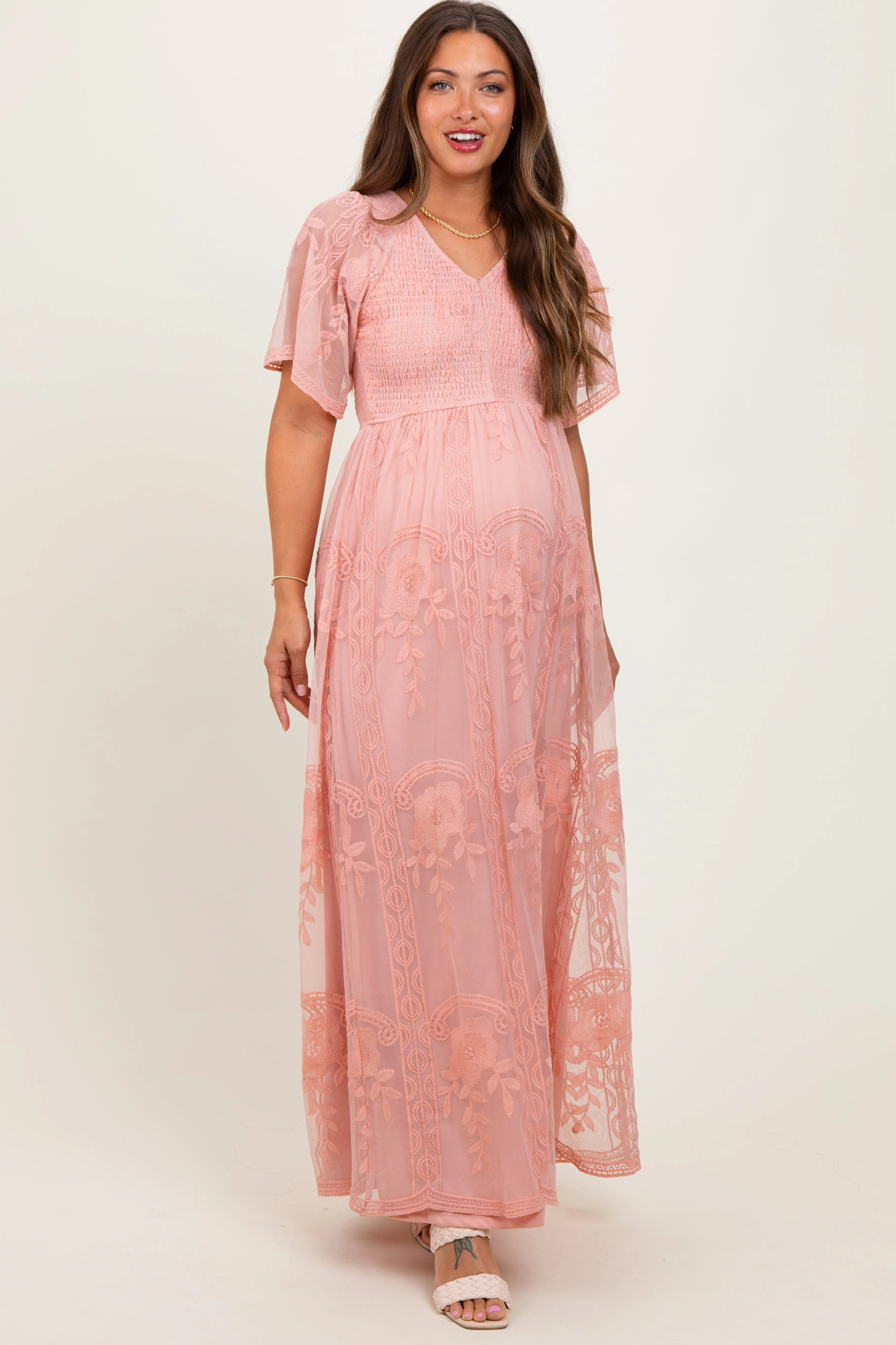 Pink Smocked Top Lace Maternity Maxi Dress sold by Pinkblush