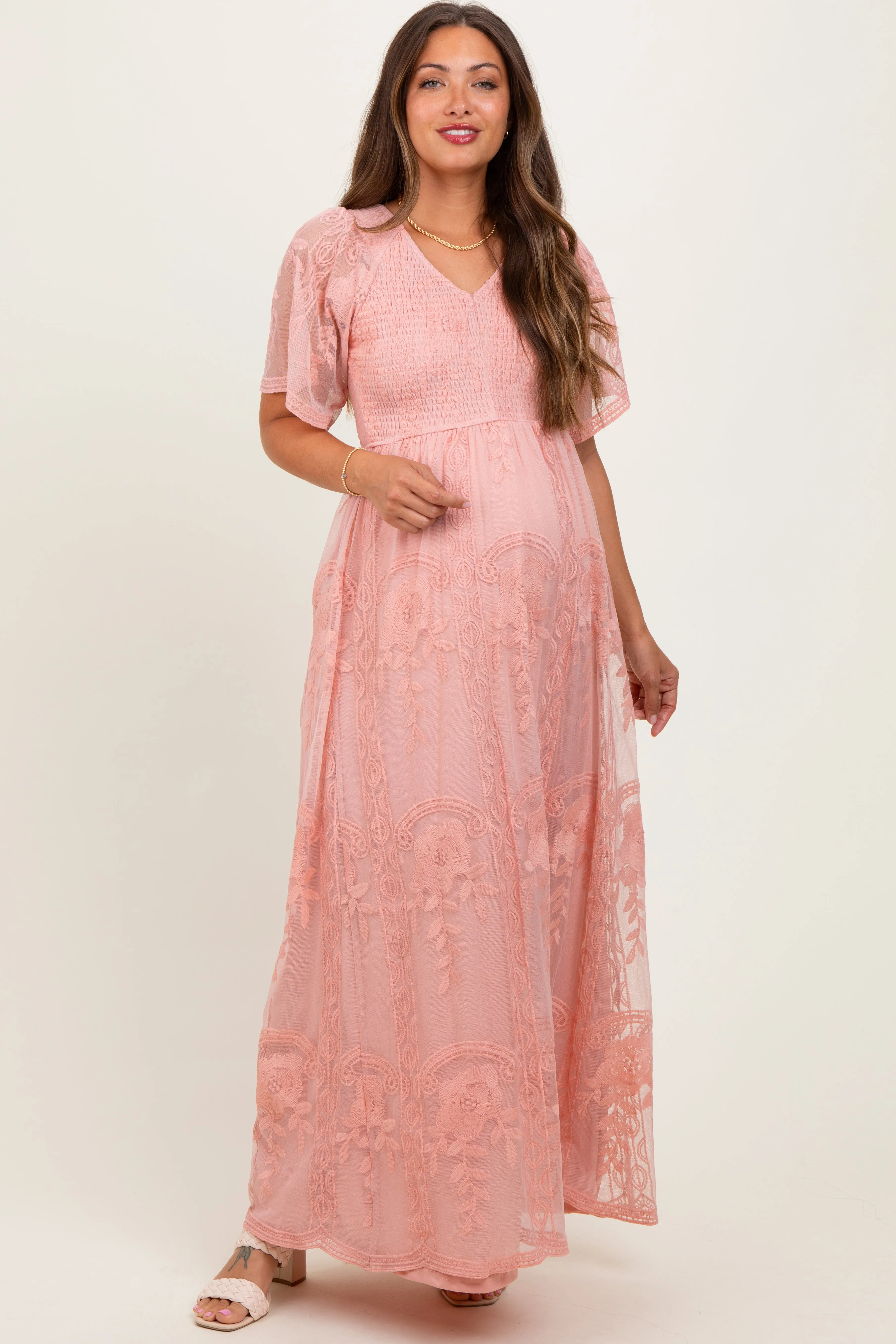 Pink Smocked Top Lace Maternity Maxi Dress sold by Pinkblush product image thumbnail 2