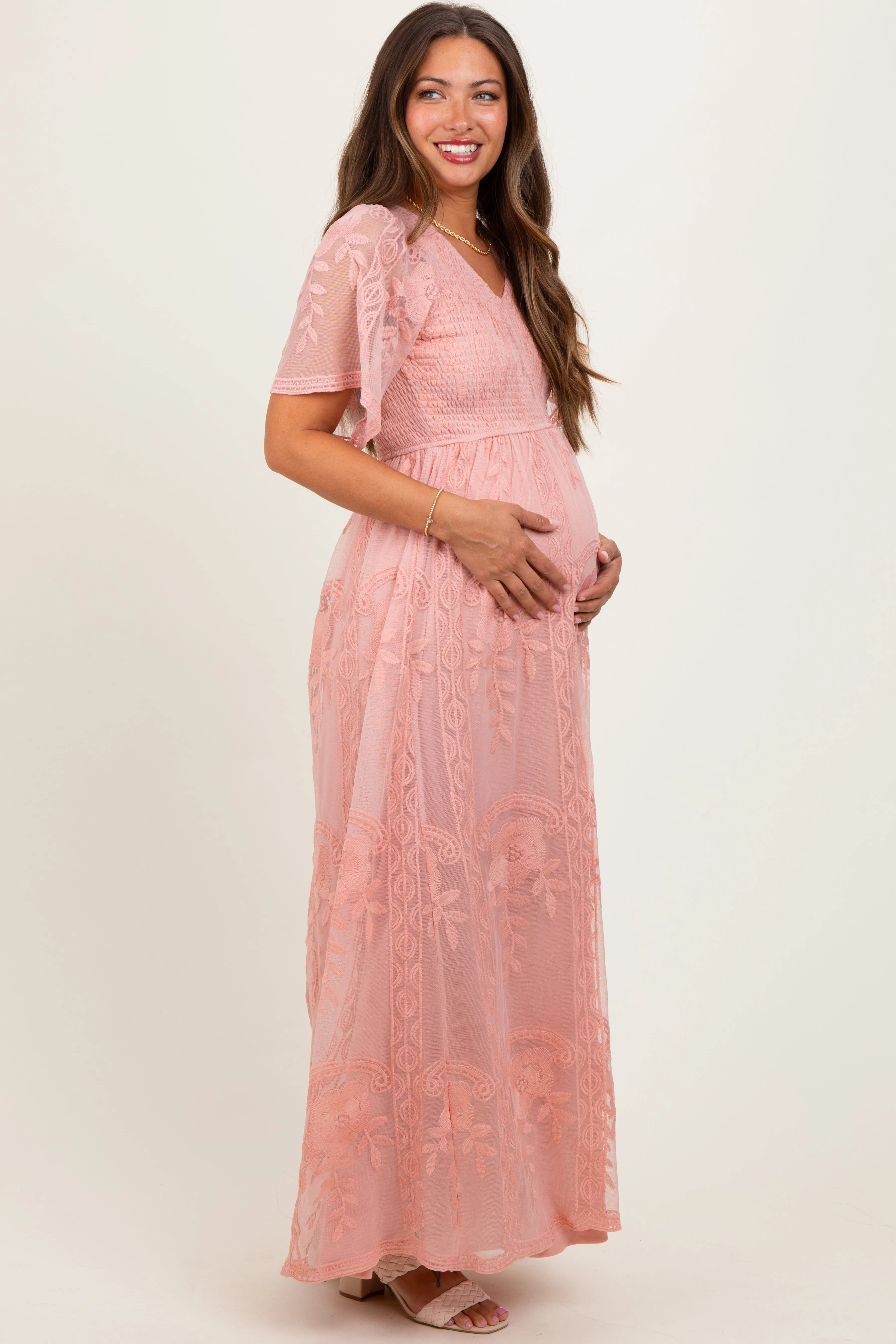 Pink Smocked Top Lace Maternity Maxi Dress sold by Pinkblush product image thumbnail 3