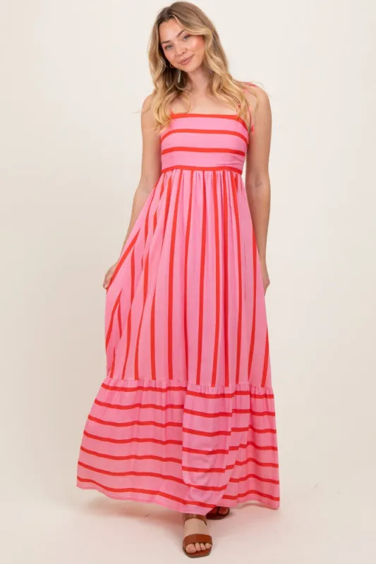 Pink Striped Shoulder Tie Maxi Dress sold by Pinkblush