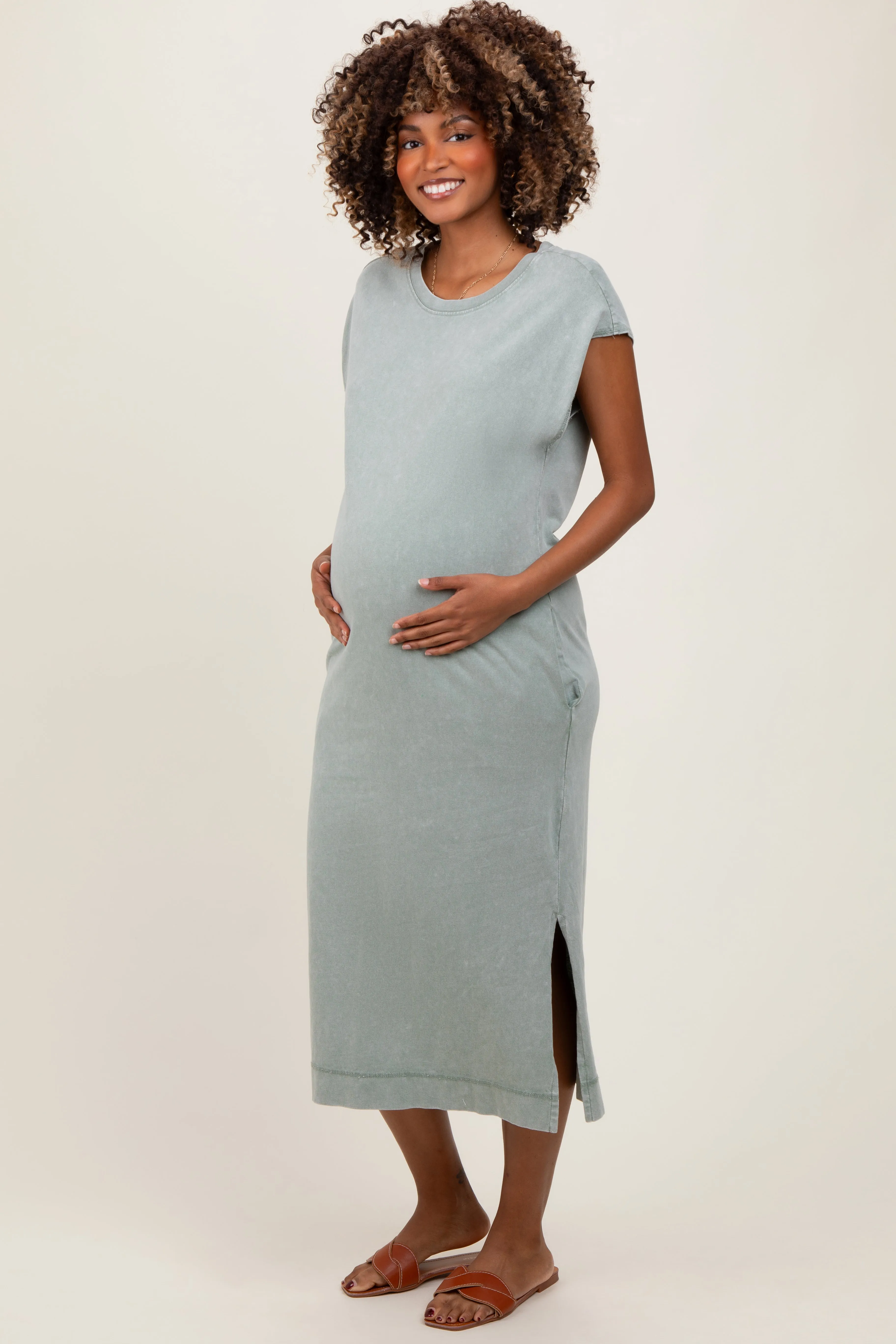 Sage Casual Sleeveless Pocketed Maternity Midi Dress sold by Pinkblush product image thumbnail 2