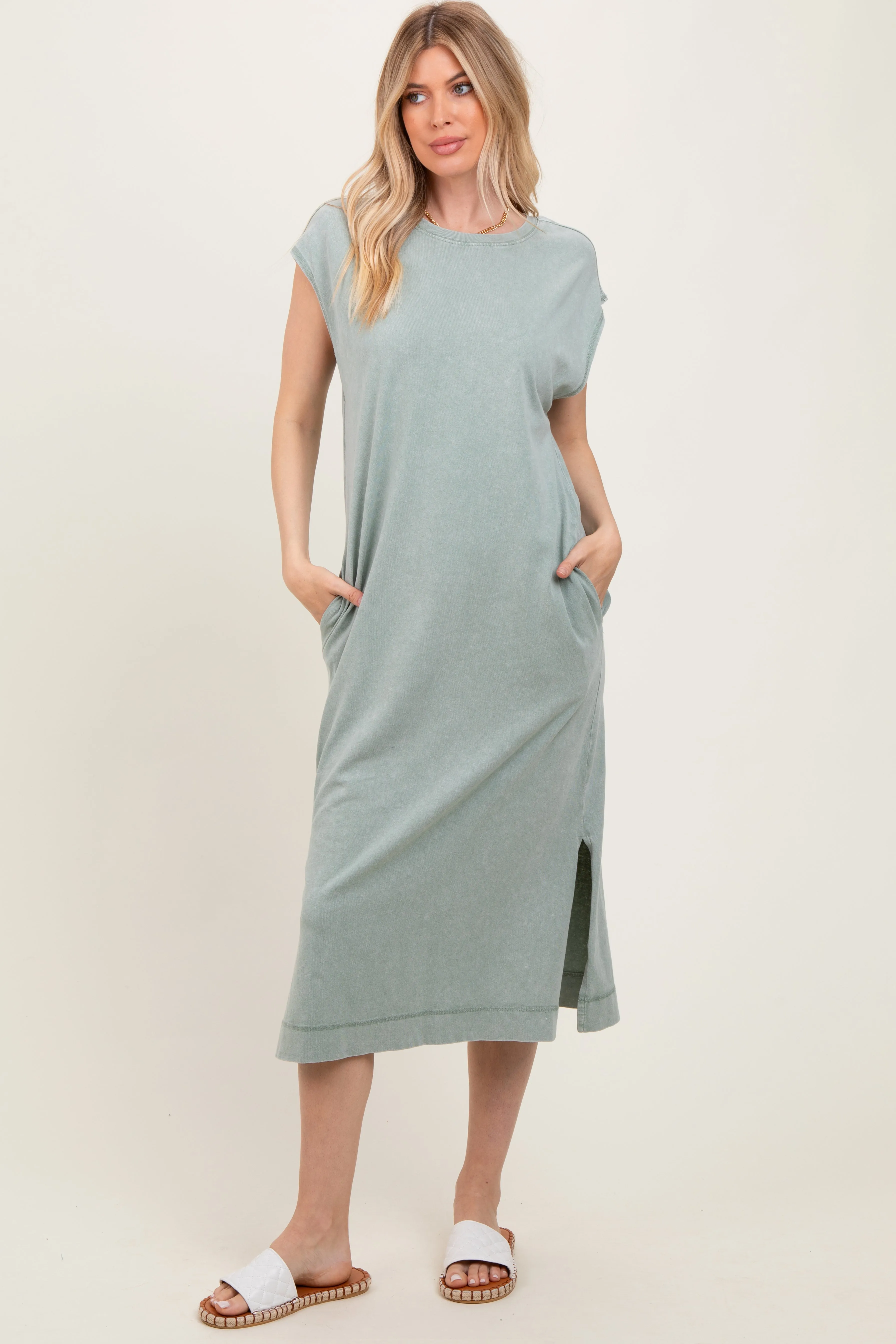 Sage Casual Sleeveless Pocketed Maternity Midi Dress sold by Pinkblush product image thumbnail 4