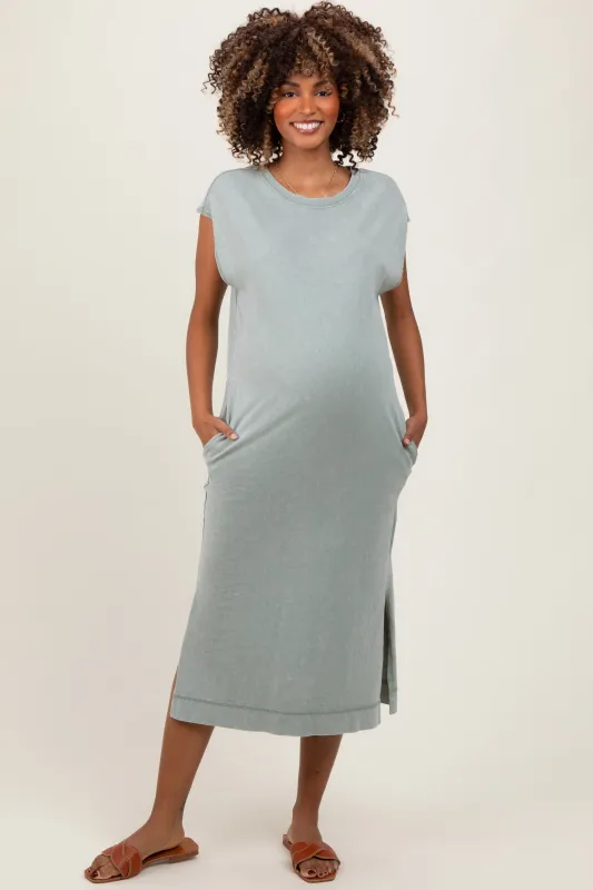 Sage Casual Sleeveless Pocketed Maternity Midi Dress sold by Pinkblush