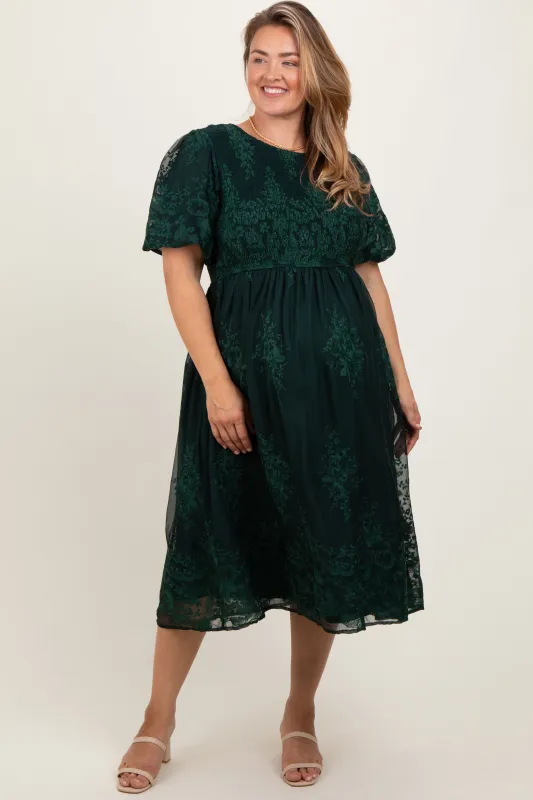Forest Green Floral Embroidered Mesh Overlay Smocked Maternity Plus Midi Dress sold by Pinkblush