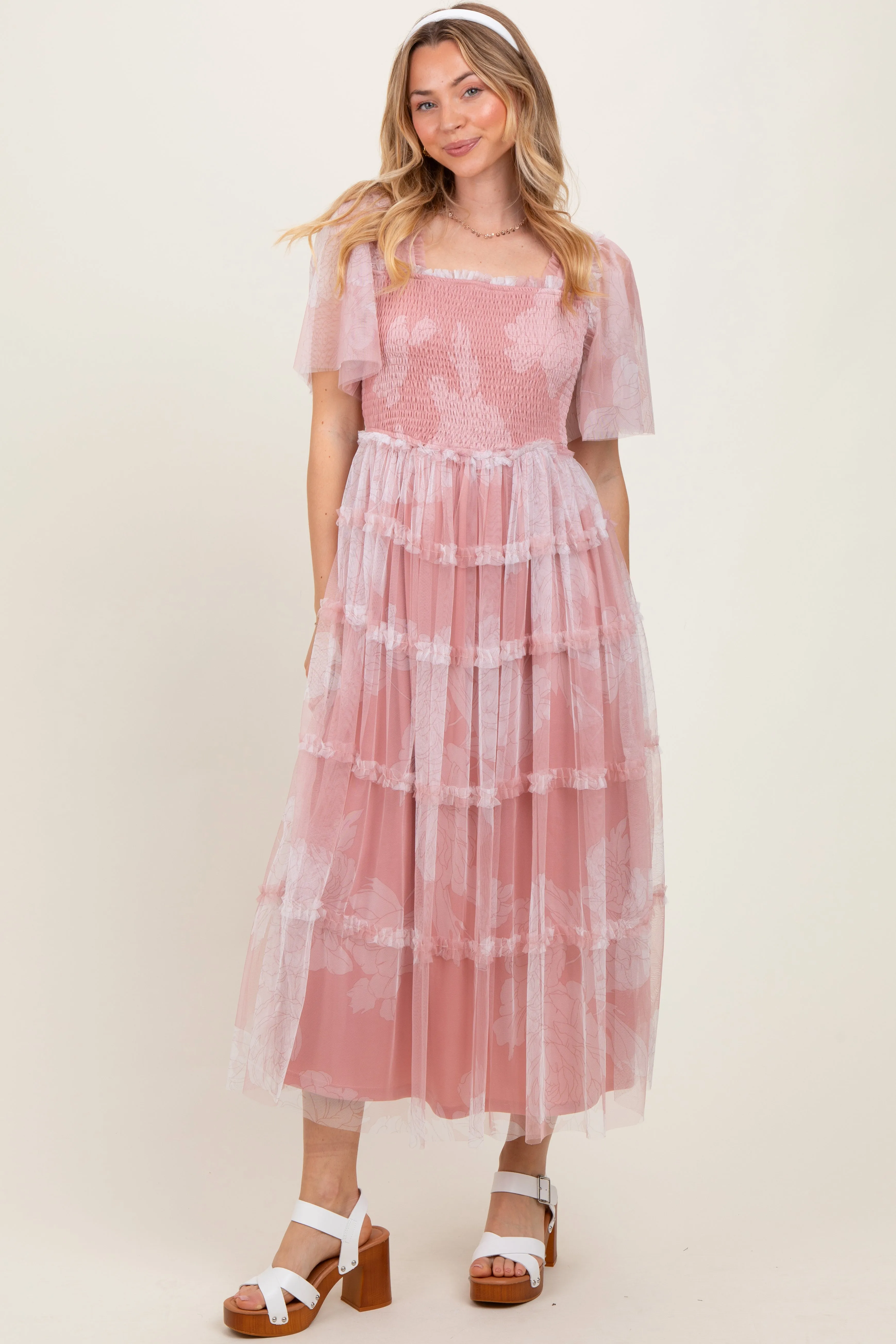 Pink Smocked Top Mesh Ruffled Maternity Midi Dress sold by Pinkblush product image thumbnail 3