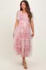 Pink Smocked Top Mesh Ruffled Maternity Midi Dress sold by Pinkblush