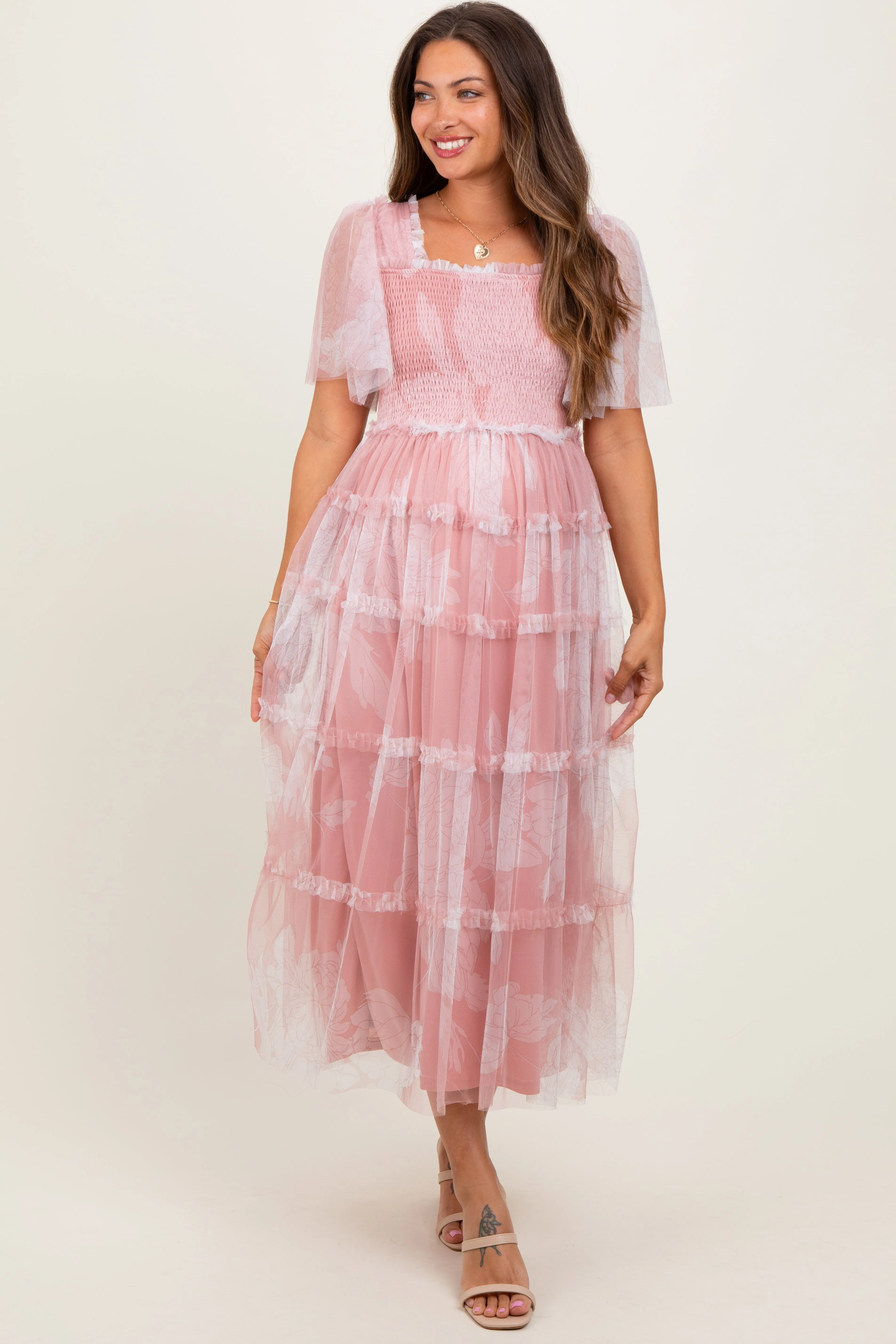 Pink Smocked Top Mesh Ruffled Maternity Midi Dress sold by Pinkblush